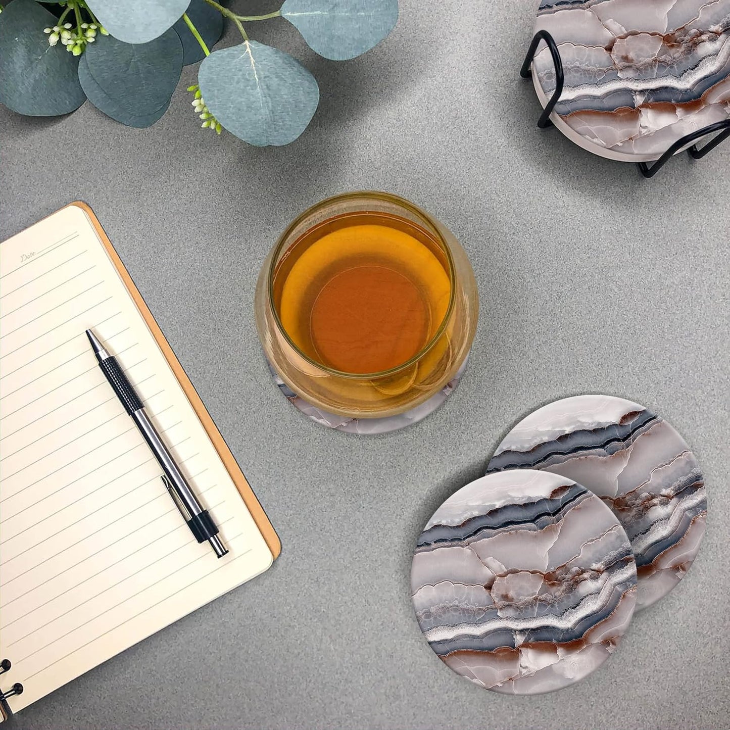 Emerson Coasters for Drinks Absorbent – Natural Stone Drink Coasters Set with Holder, Coasters for Coffee Table, Wooden Tabletop Protection Marble Style – 100% Heavy Duty, Set of 6 (Onyx)