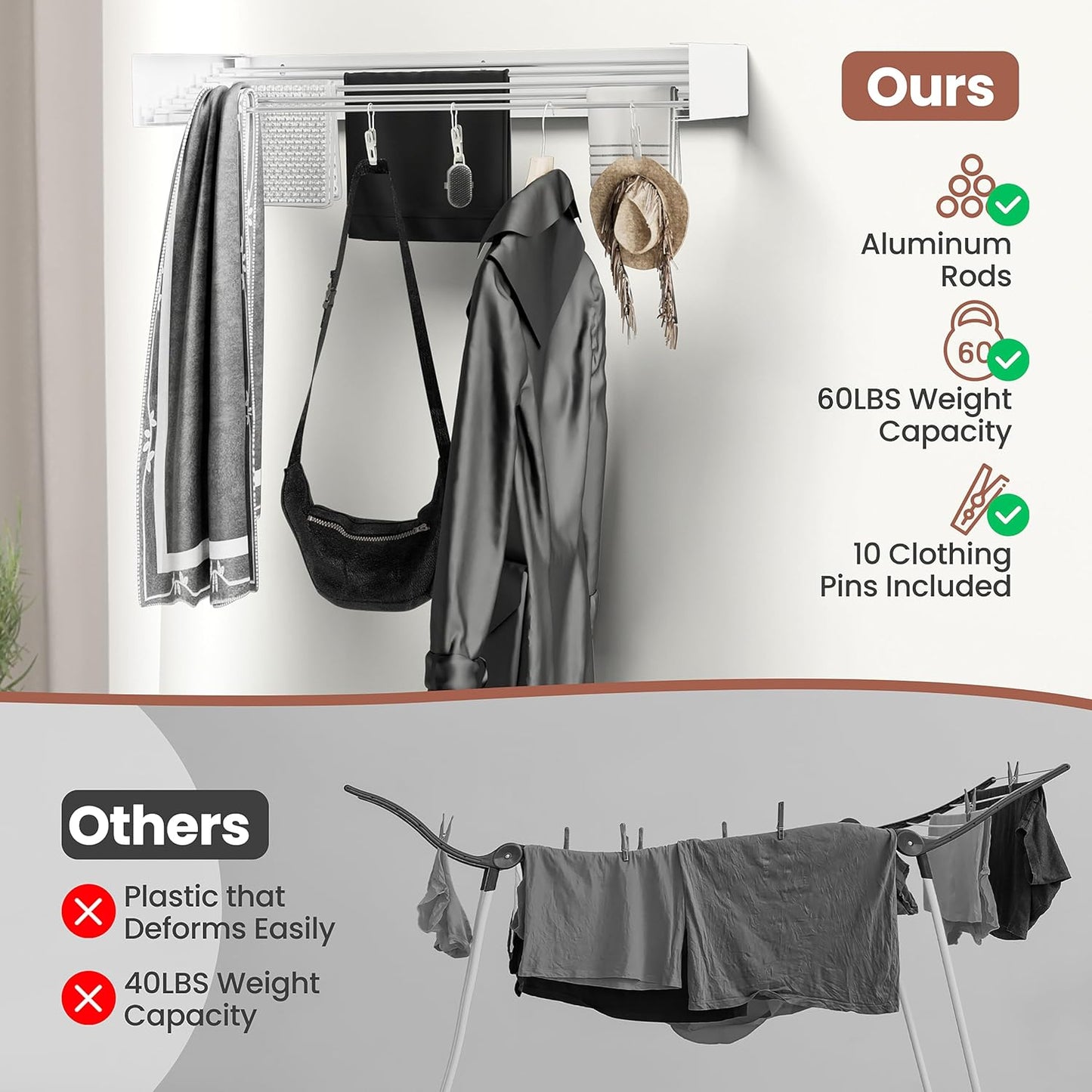 Foldable Wall-Mounted Drying Rack, Heavy-Duty 60 lb Capacity – Space-Saving Folding Laundry Hanger with 10 Clips, Rust-Proof Aluminium Clothes Dryer for Indoor & Outdoor Use