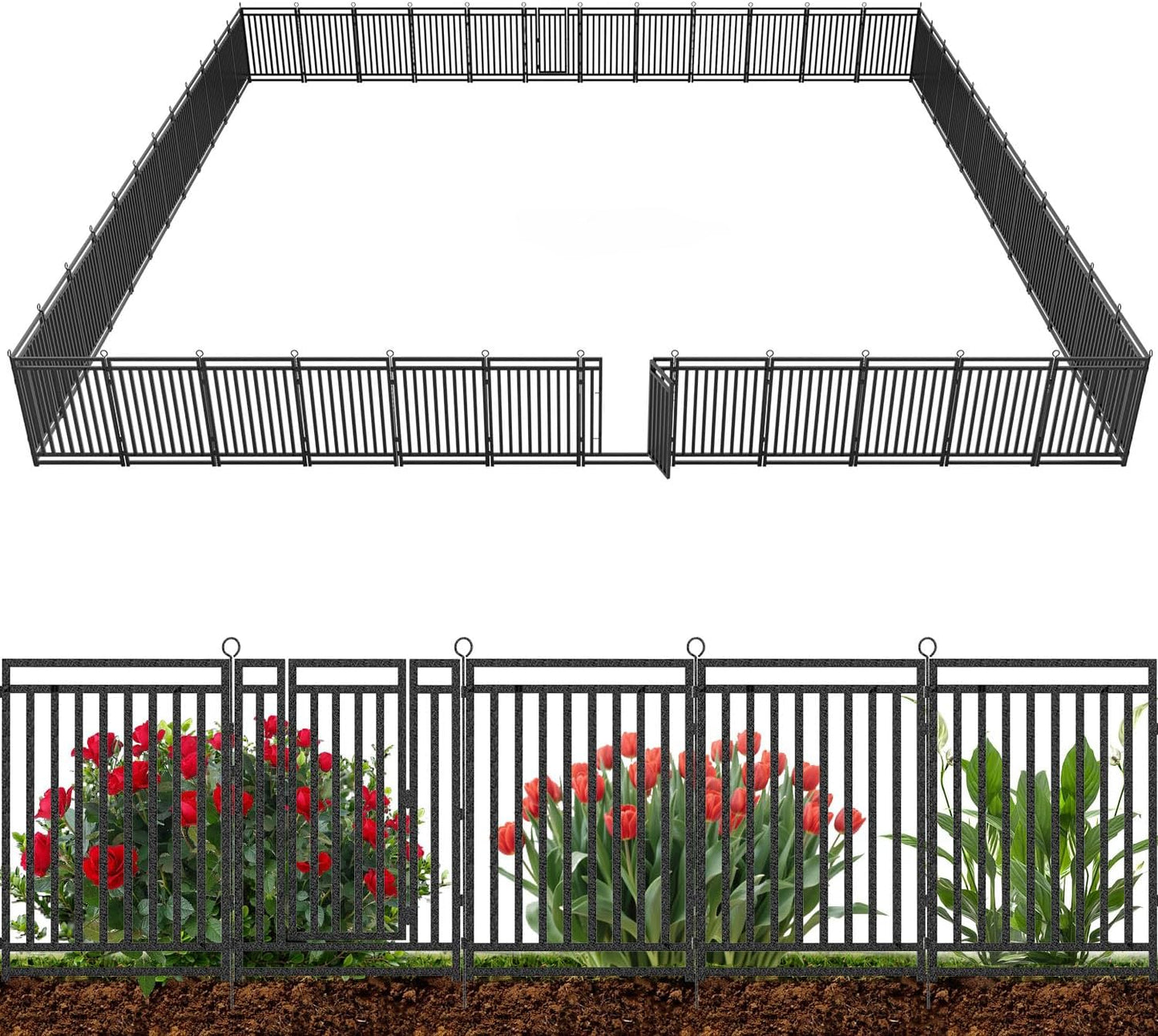 Decorative Garden Fence Metal Dog Fence Outdoor for Yard, 110ft (L) × 40in (H), 42 Panels + 6 Gates, Heavy Duty Animal Barrier Fencing for Patio & Flower Bed, No Dig, Black-Silver