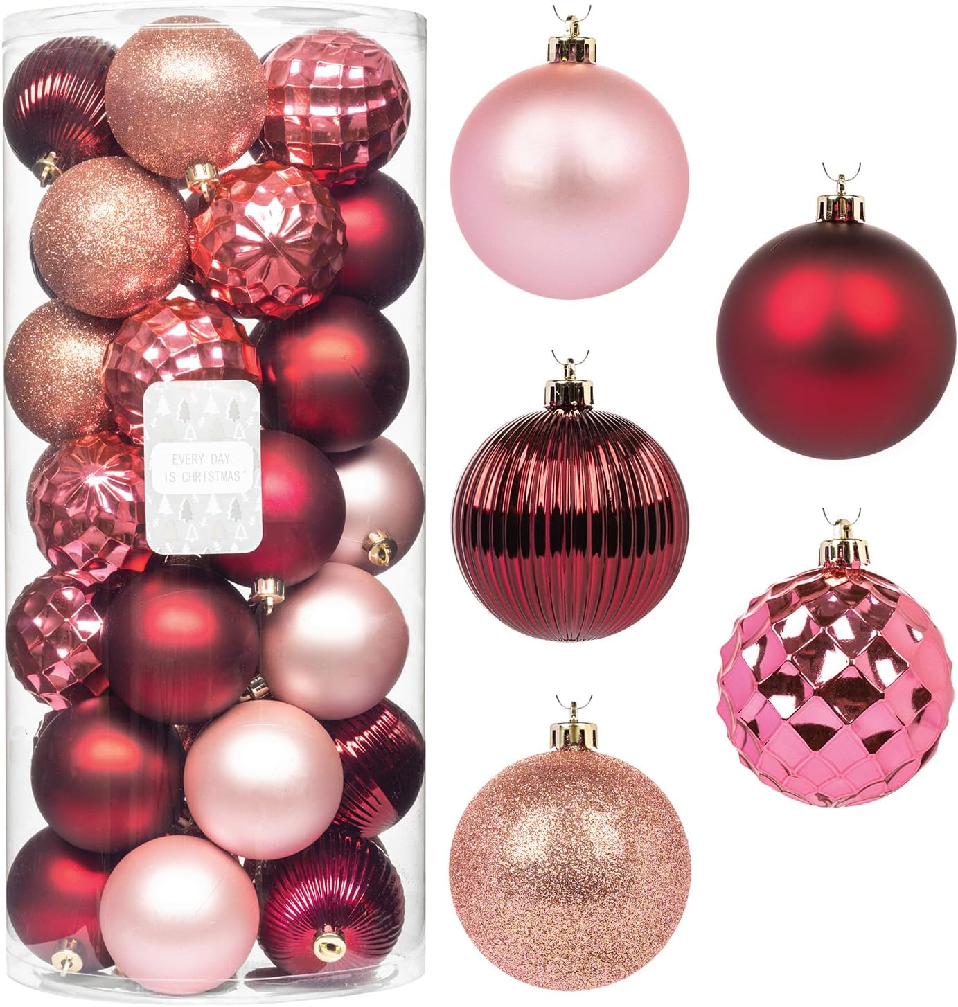 Every Day is Christmas Ornaments, Shatterproof Christmas Tree Ornament Set, Christmas Balls Decoration 35 Count (2.75"/70mm, Pink Rose)