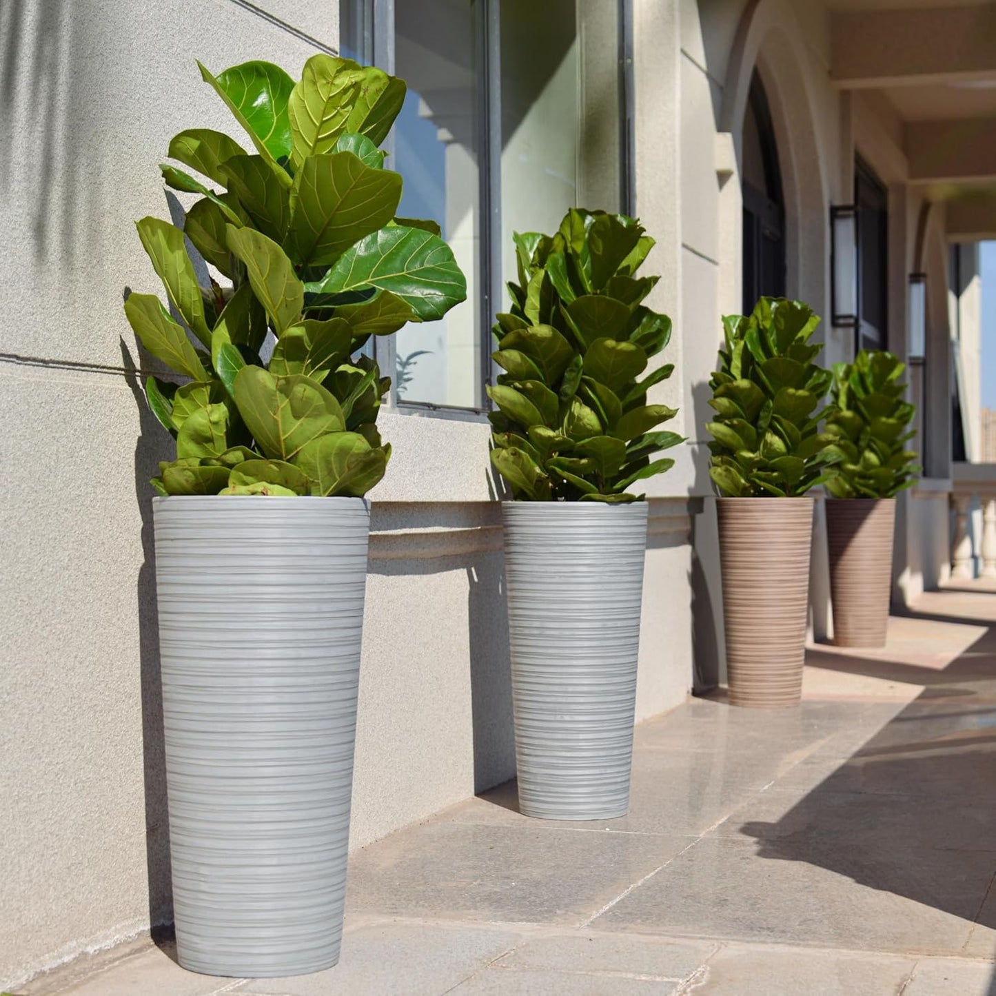 GreenShip 27" Tall Planters, Set of 2 – Black Outdoor Planter for Front Porch & Tall Plants, Weather-Resistant, with Drainage Hole & Rubber Plug (No Plants Included) (Light Gray)