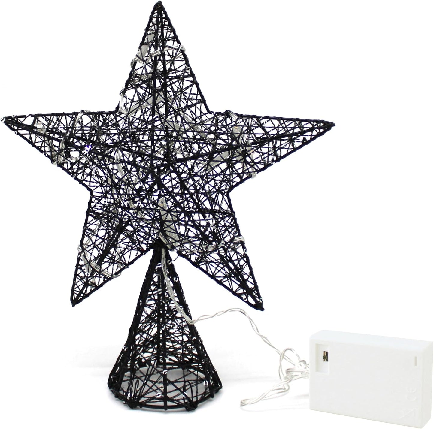 CVHOMEDECO. Black Tree Top Star with Warm White LED Lights and Timer for Christmas Tree Toppper Ornaments and Holiday Seasonal Décor, 8 x 10 Inch