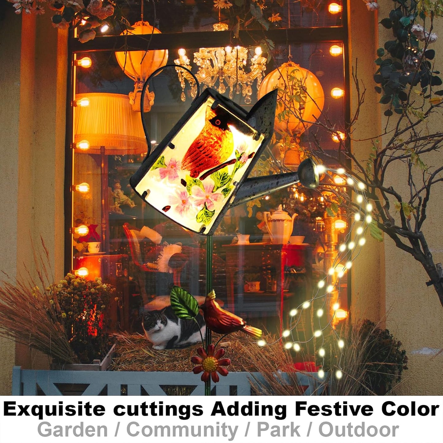 Garden Solar Lights Outdoor, Metal Watering Can Garden Stake Lights Cardinal Bird Decor Glass Art for Walkway, Pathway, Yard, Lawn