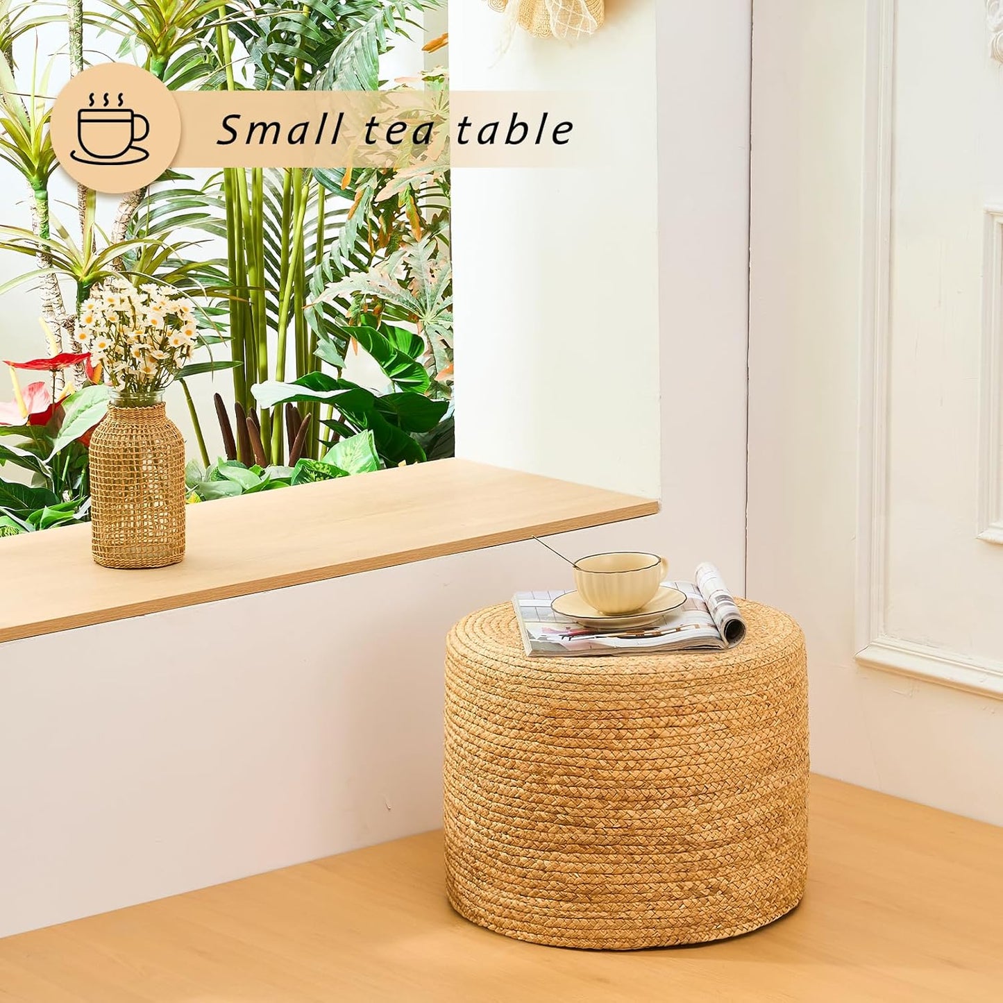 Handwoven Water Hyacinth Ottoman Pouf, Round Outdoor Footstool with Sturdy Frame, No Assembly Needed, Boho Accent Stool for Indoor & Outdoor Use – Patio, Balcony, Living Room (Natural)