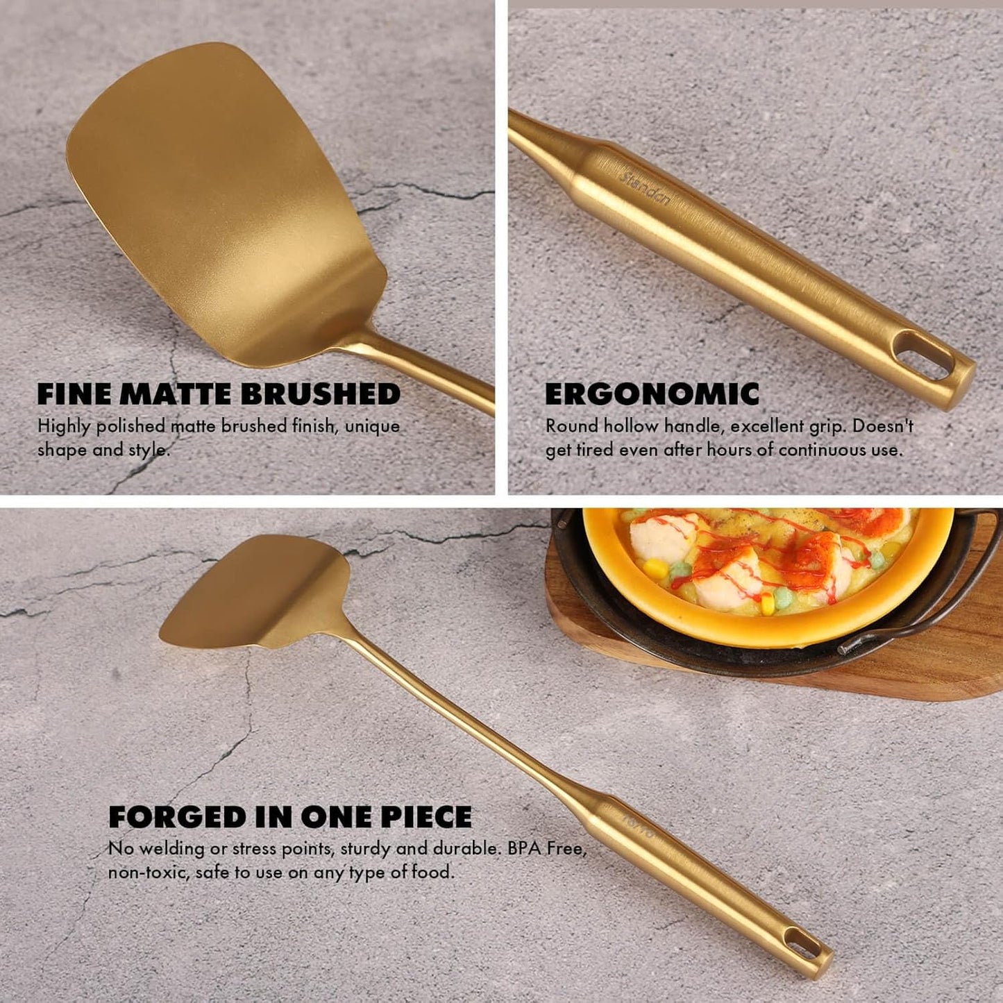 Gold Cooking Utensils Set - 18/10 Stainless Steel Large and Small Spoons Set, 16 PCS All Metal Kitchen Tools, Serving Utensils - Whisk, Masher, Fork, Tongs, Spatula, Ladle, Skimmer, Turner, Pasta