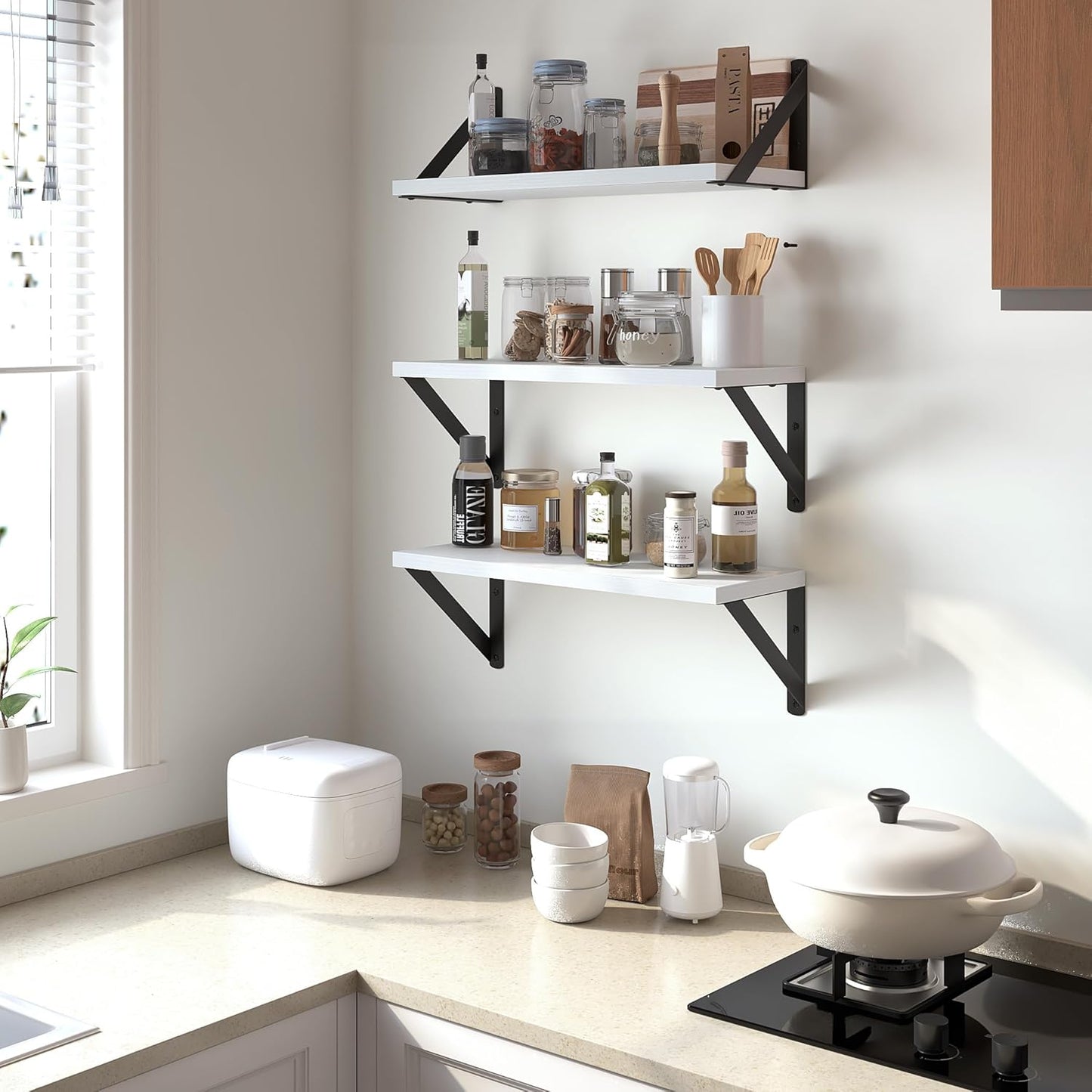 Heimlove Floating Shelves for Wall, 16 Inch Long Wood Floating Shelves Set of 3, Wall Mounted Hanging Shelf for Bathroom Bedroom Kitchen, White