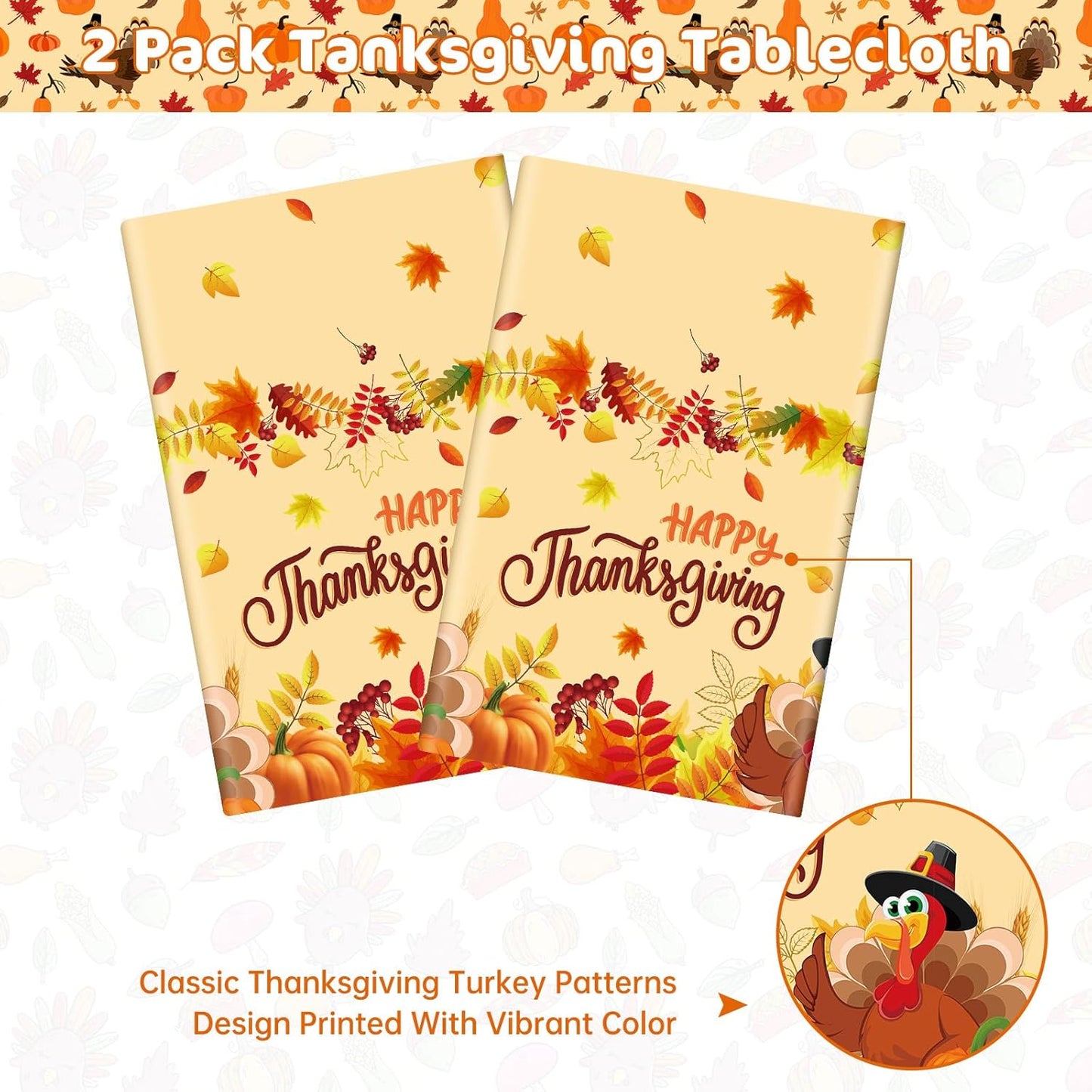 2 Pack Happy Thanksgiving Tablecloth - Fall Thanksgiving Turkey Table cloths, Disposable Plastic Rectangle Autumn Pumpkin Maple Leaf Table Cover for Thanks Giving Tables Decor Party Supplies,108x54In