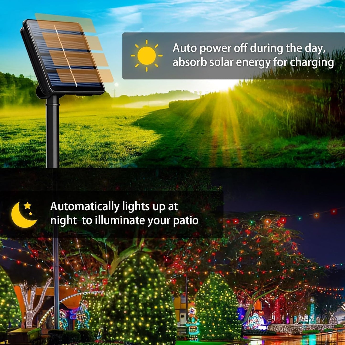 2 Pack Solar String Lights Outdoor, 200 LED Extra-Long 78 FT Solar Christmas Lights Outdoor with 8 Lighting Modes, IP65 Waterproof for Garden, Xmas, Balcony, Wedding, Party (Multicolor)