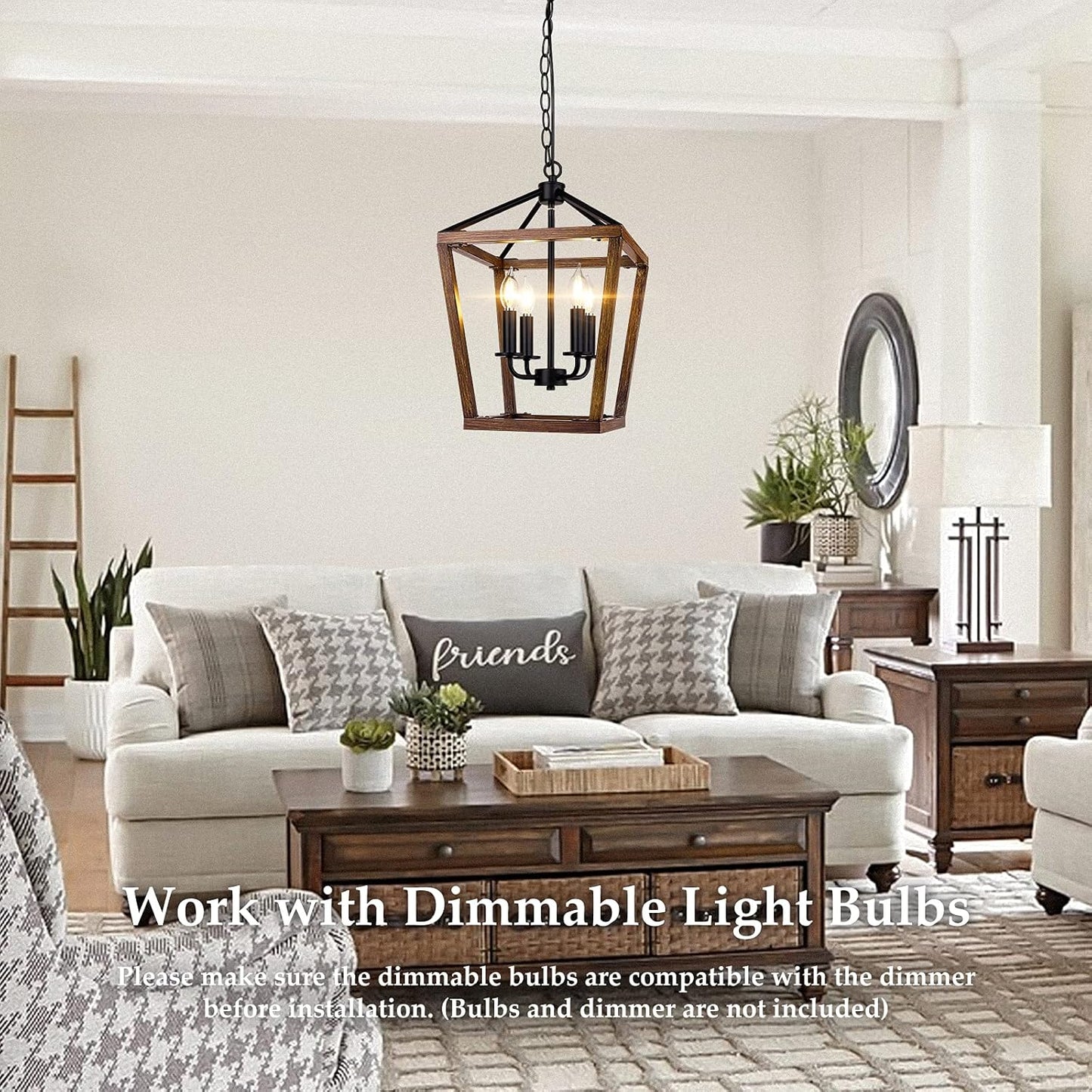 Farmhouse Chandelier Light Fixture for Kitchen Dining Room, 4-Light Rustic Pendant Hanging Ceiling Light Height Adjustable in Oak Wood Finish, Cage Lantern Lighting with E12 Base for Hallway Foyer