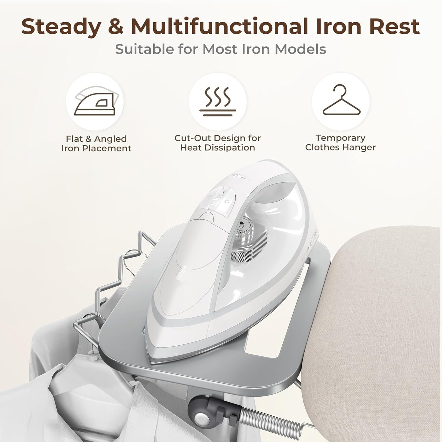 Yaheetech Ironing Board, Compact Iron Board with Cord Holder, Steam Iron Rest and Bottom Storage Tray, 9 Adjustable Heights & 3 Layer Cover, Folding Heavy Duty Ironing Board 52X14, Beige