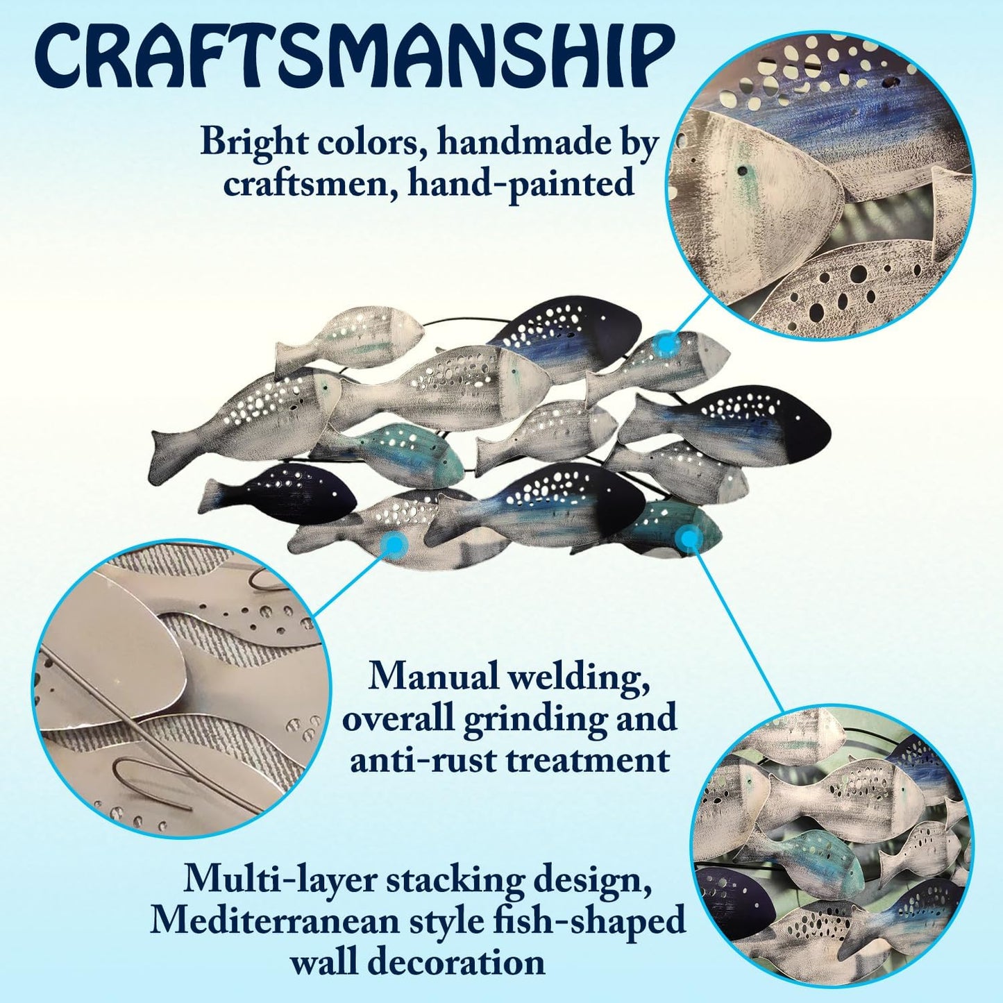 edaknez Coastal Metal Fish Wall Decor, Large Nautical Wall Art, School of Fish Wall Sculpture, for Living Room, Bedroom Beach or Ocean Decor (C 50 inch x 21 inch)