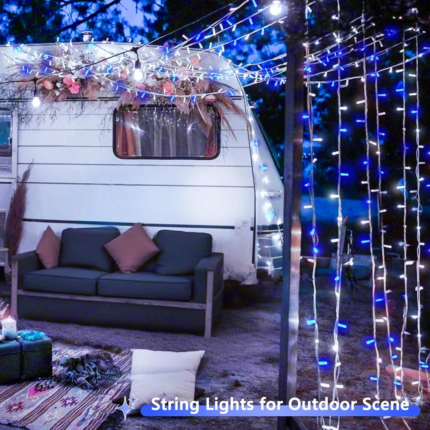 2 Pack String Lights Battery Operated with Timer, 66FT 200 LED Waterproof Battery Twinkle Lights, 8 Modes Fairy Light for Indoor & Outdoor Party Bedroom Christmas Decorations (Blue and White)