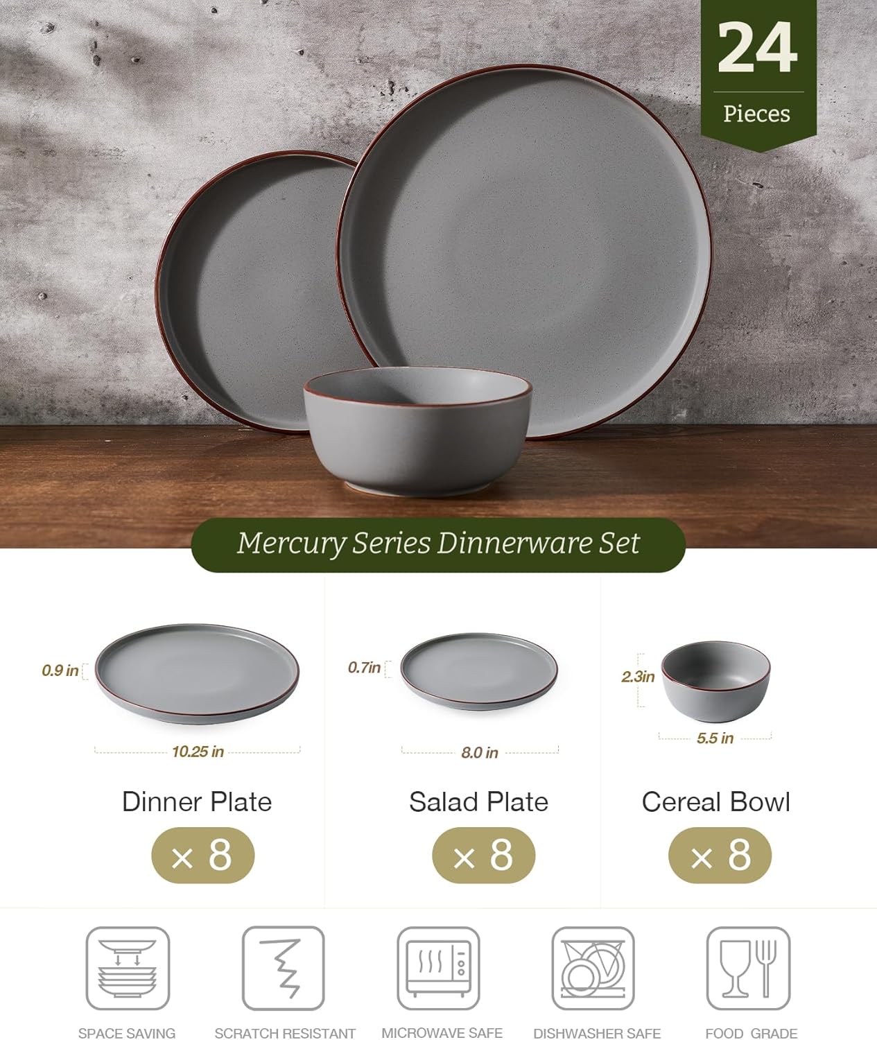 Famiware Mercury 24 Pieces Dinnerware Sets, Plates and Bowls Sets for 8, Microwave and Dishwasher Safe Dish Set, Dark Grey