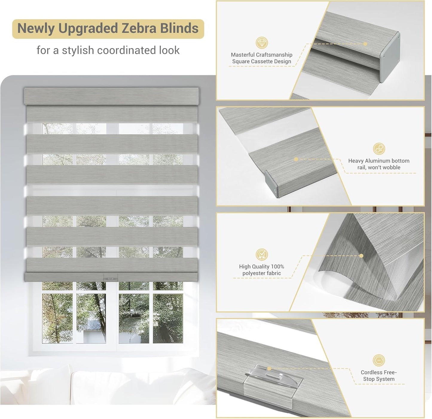 Cordless Zebra Blinds for Windows, Blackout Interior Blinds,Easy to Install,UV Protection,for Offices and Home,Custom Roller Shades, Mousse Light Grey,82" W x 56" H