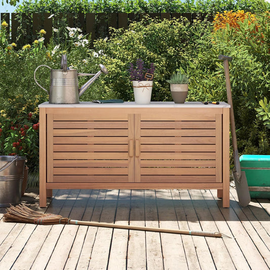 Goplus Patio Storage Cabinet, 2-Door Acacia Wood Storage Container with Faux Marble Top, Outdoor Wooden Sideboard for Deck, Garden, Lawn and Backyard