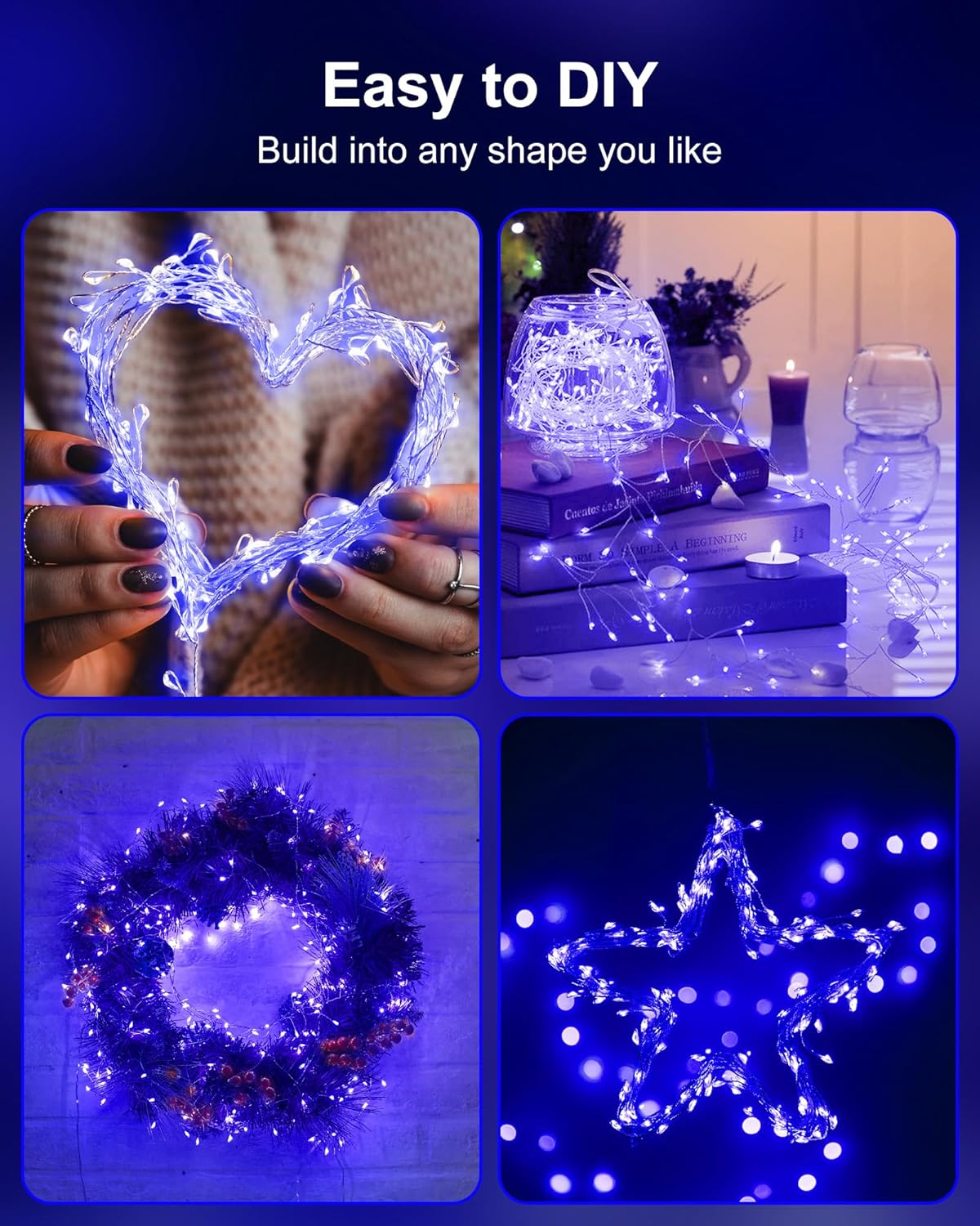 Fairy Lights Battery Operated, Twinkle String Lights Waterproof Silver Wire 5 Feet 60 Led Firecracker Starry Lights for DIY Wreath Home Wedding Party Bedroom Mason Jar Holiday Christmas, Blue