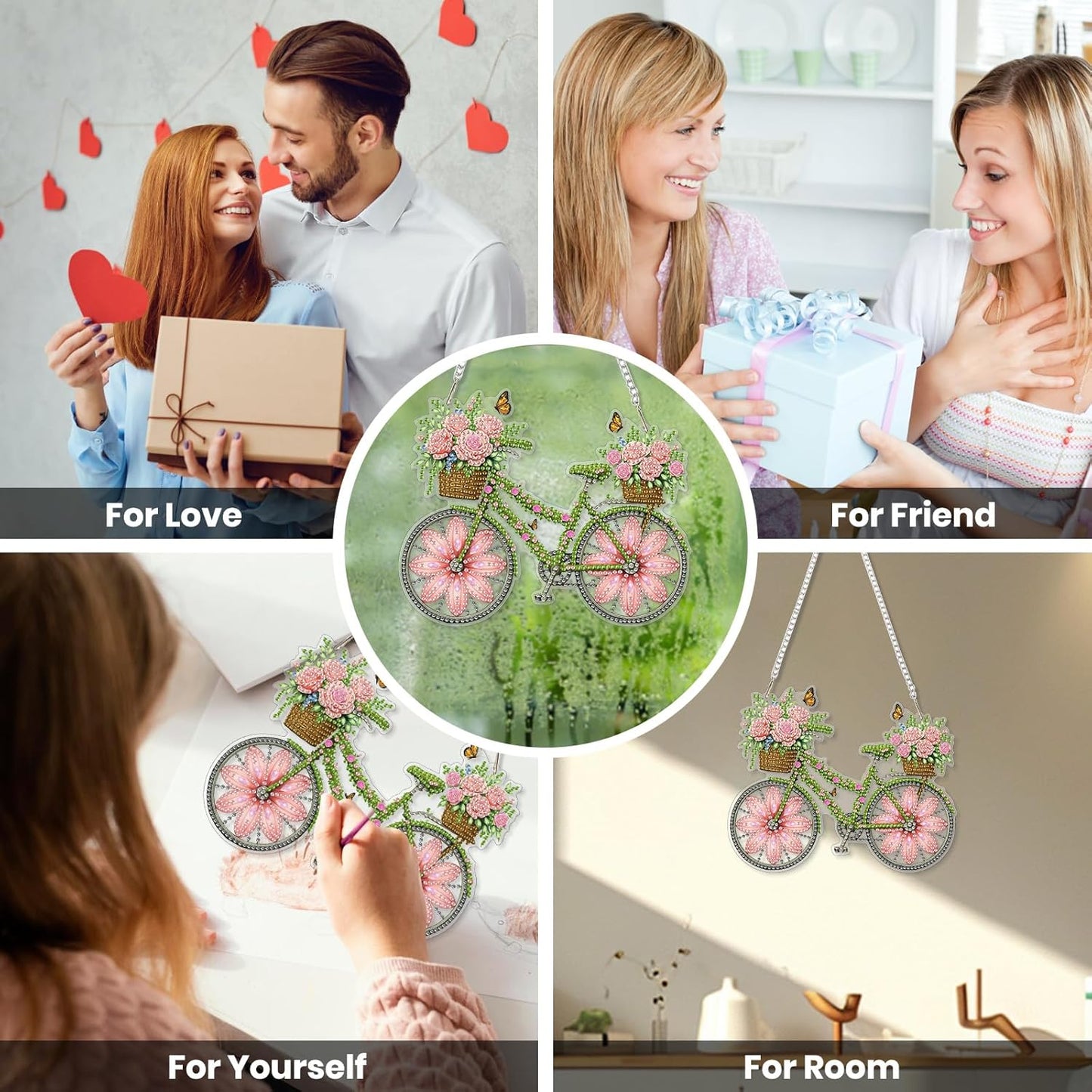 EOBROMD Diamond Hanging Art Kits for Adults, Bike Flower Suncatcher Diamond Art Painting, DIY Special Shaped Rhinestone Kits for Adults, Window Pendants Home Garden Wall Hanging Ornament