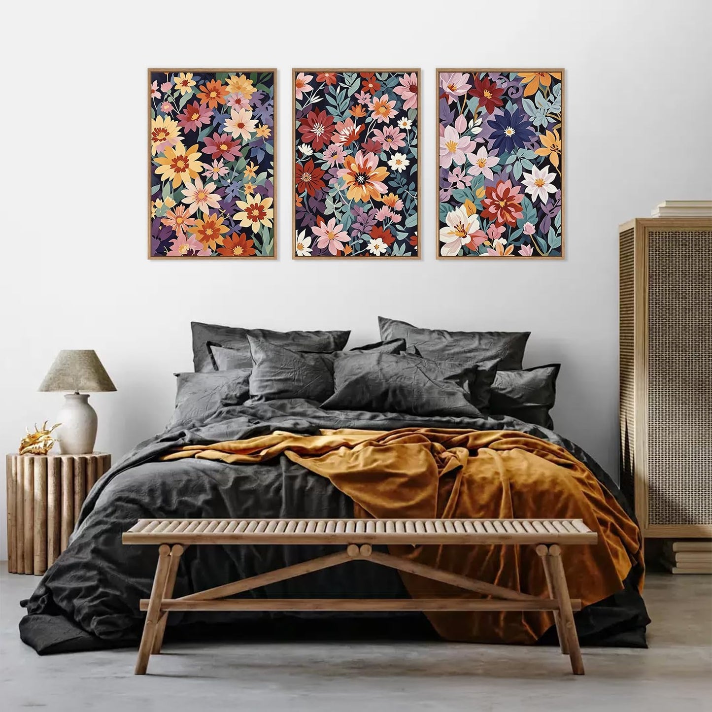 HLNIUC Boho Floral Framed Canvas Wall Art,Colorful Wildflower Landscape Wall Decor Set of 3(16”x24”)Rustic Bohemian Style Flower Art Print,Modern Botanical Floral Wall Painting for Living Room Bedroom