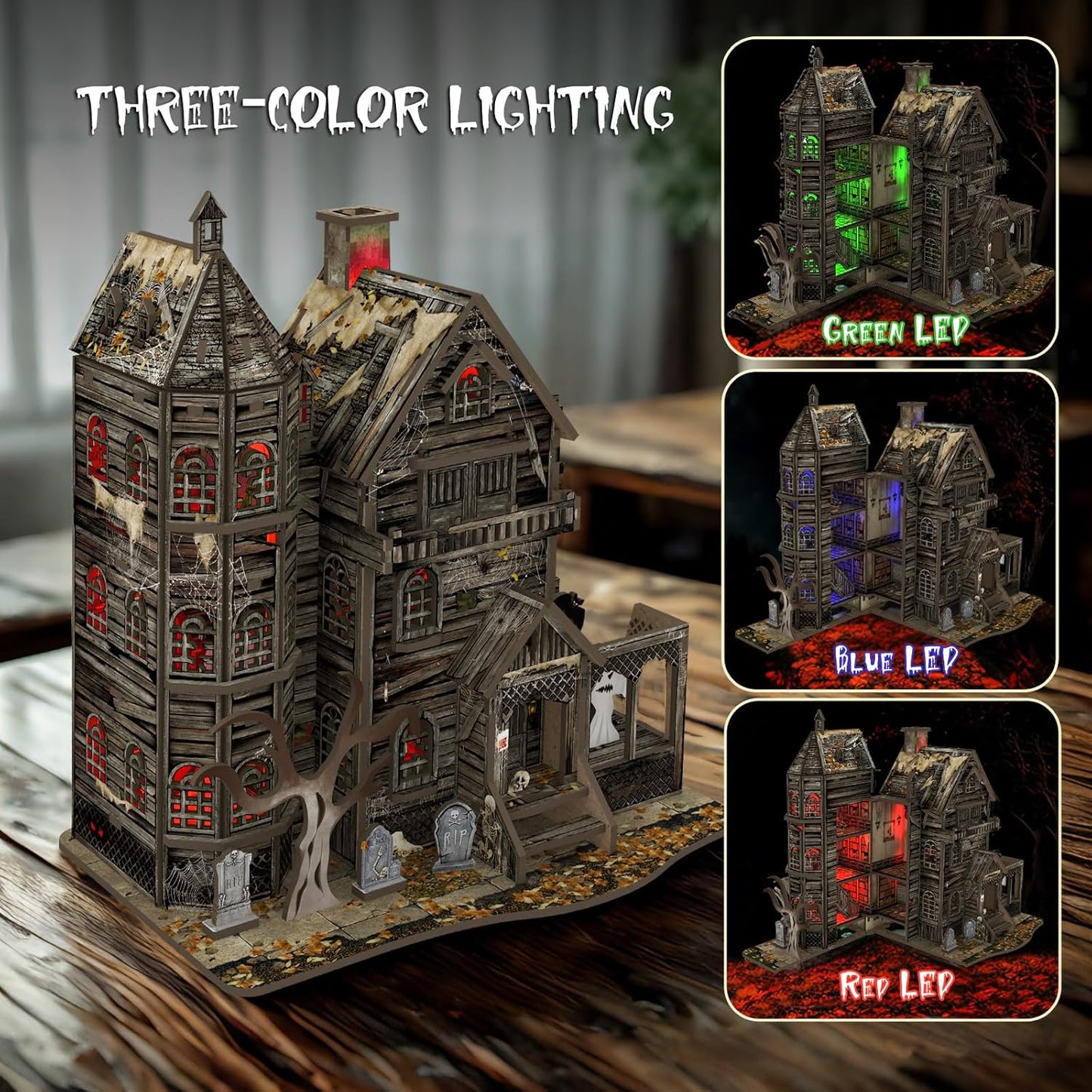 DIY Mini House Kit, Miniature Haunted House Kits with LED Accessories Furniture, 3D Wooden Puzzles for Adults, Dollhouse Craft Gifts for Girls, Boys, Teens