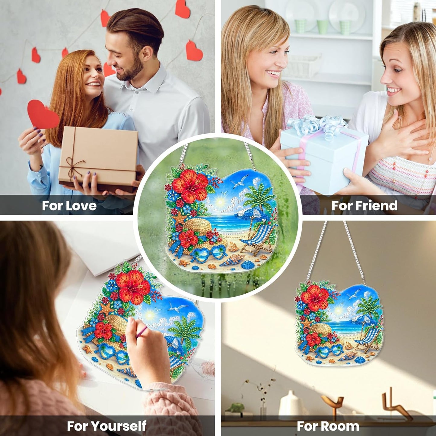 EOBROMD Diamond Hanging Art Kits for Adults, Beach Holiday DIY Special Shaped Rhinestone Kits for Adults, Diamond Art Painting Suncatcher, Window Pendants Home Garden Wall Hanging Ornament