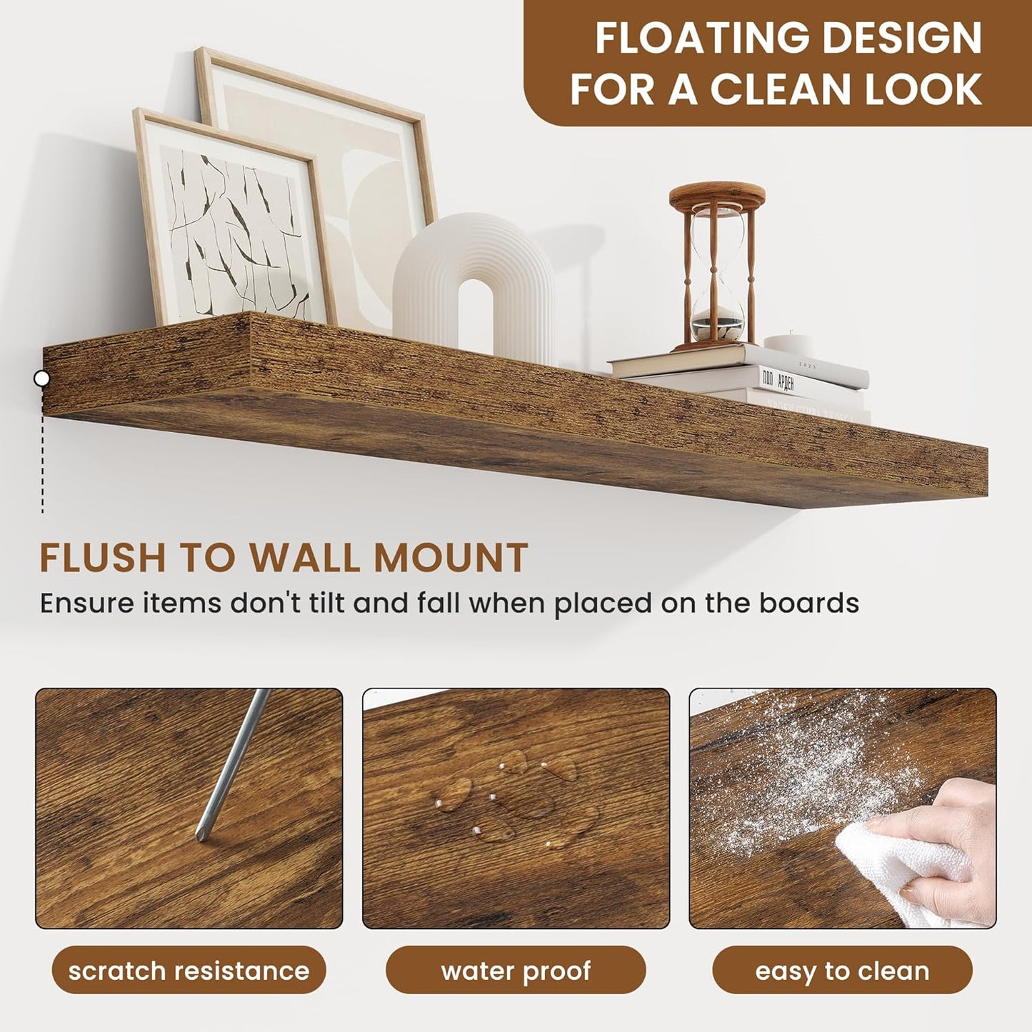 fuqing Floating Shelves for Wall, Bathroom Shelf Wall Mounted for Storage, Shelves with Invisible Bracket for Bedroom, Kitchen, Living Room, Farmhouse Small Book Shelf, 36 Inch Set of 2, Rustic Brown