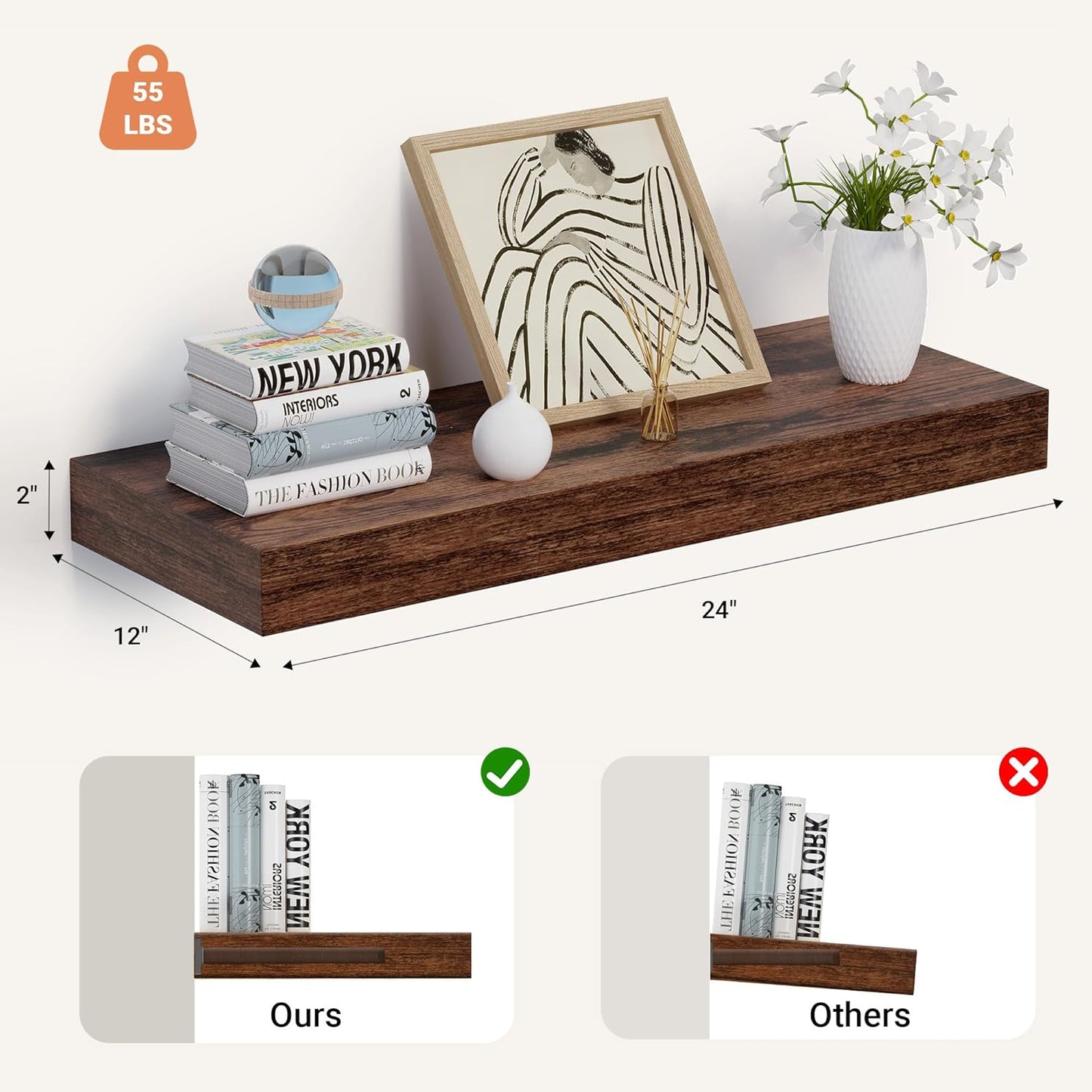 Heimlove 24 x 12 Inch Deep Floating Shelves Wall Mounted with Invisible Brackets,Storage Hanging Shelf for Wall Decor in Bathroom, Bedroom, Kitchen, Living Room, Office Set of 1 (Rustic Brown)