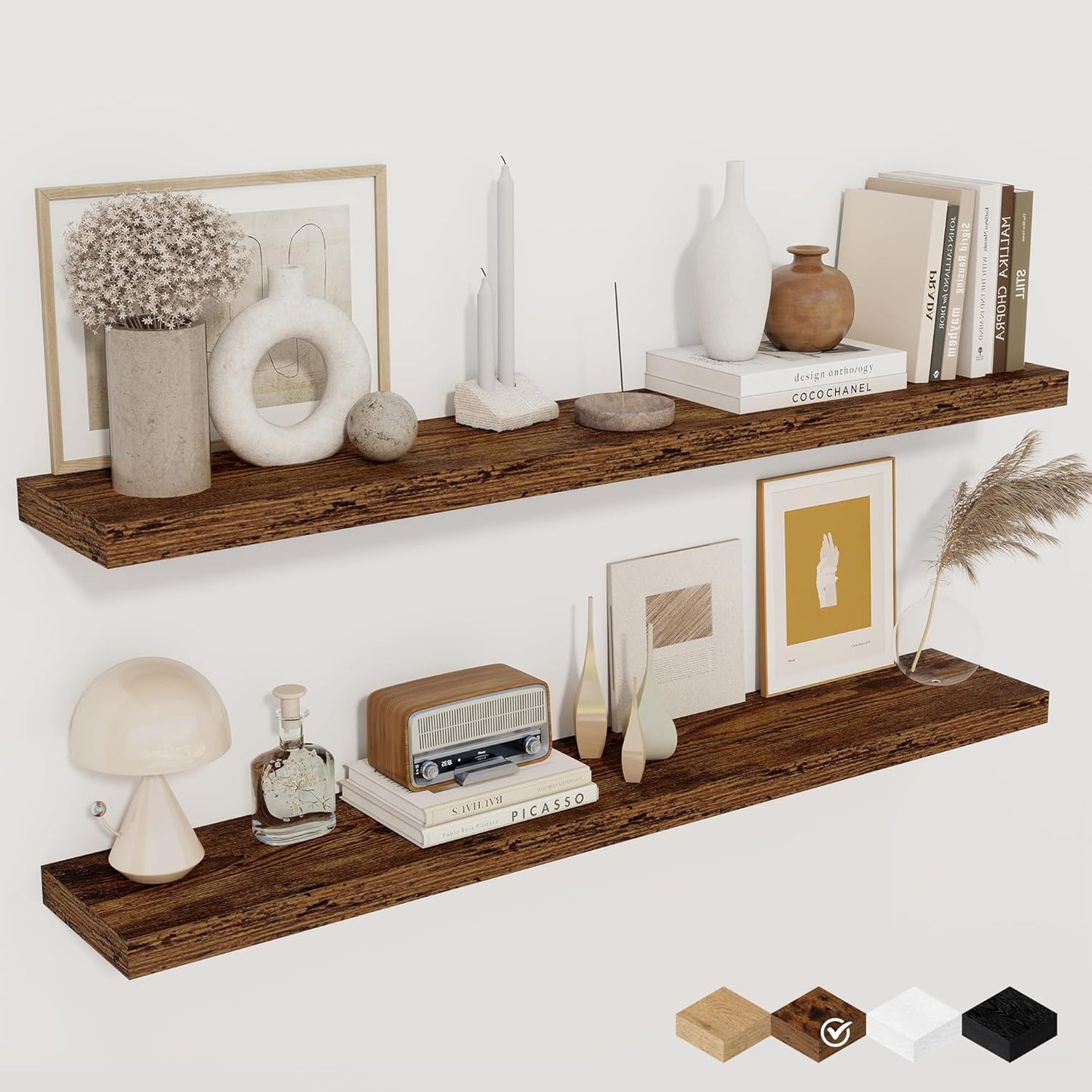 Floating Shelves for Wall, 40 Inch Floating Shelves for Home Decor, Wall Mounted Rustic Wood Shelves, Bathroom, Hanging Deep Shelf for Bedroom, Living Room, Kitchen (Rustic Brown, Set of 2)