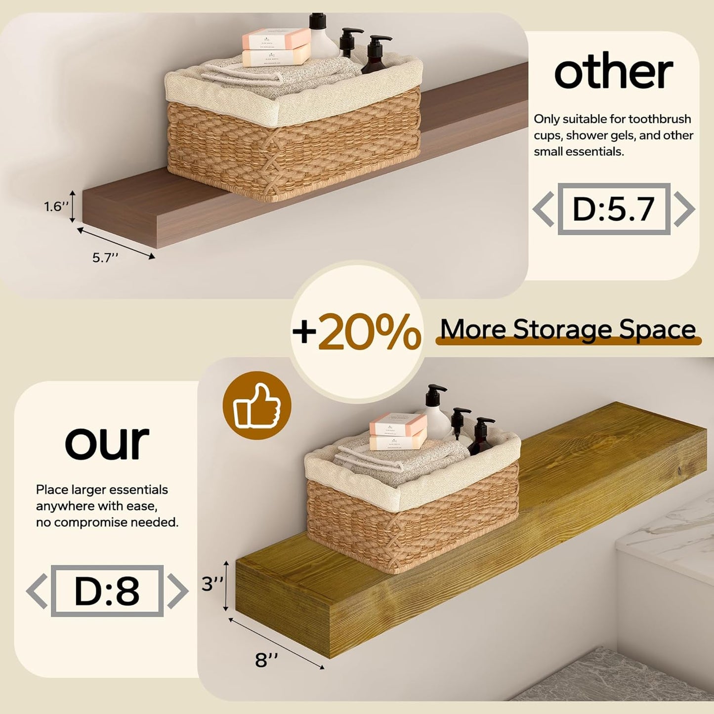 Floating Shelves 3 inch Thick for Wall Set of 2,Solid Pine Wood Wall Mount Shelf for Kitchen Living Room Bedroom Bathroom,8" D x 48" L x 3" H-Gold Oak