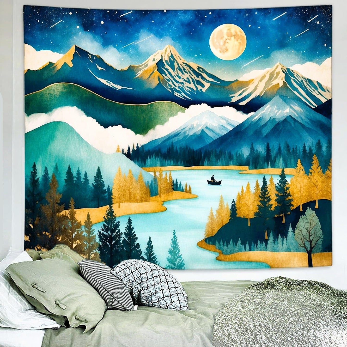 Delur Mountain Tapestry Boho Moon Stars Starry Night Tapestry Wall Hanging Forest Tree Nature Landscape Psychedelic Headboard for Bedroom Living Room Home Decor (59.1" x 78.7")
