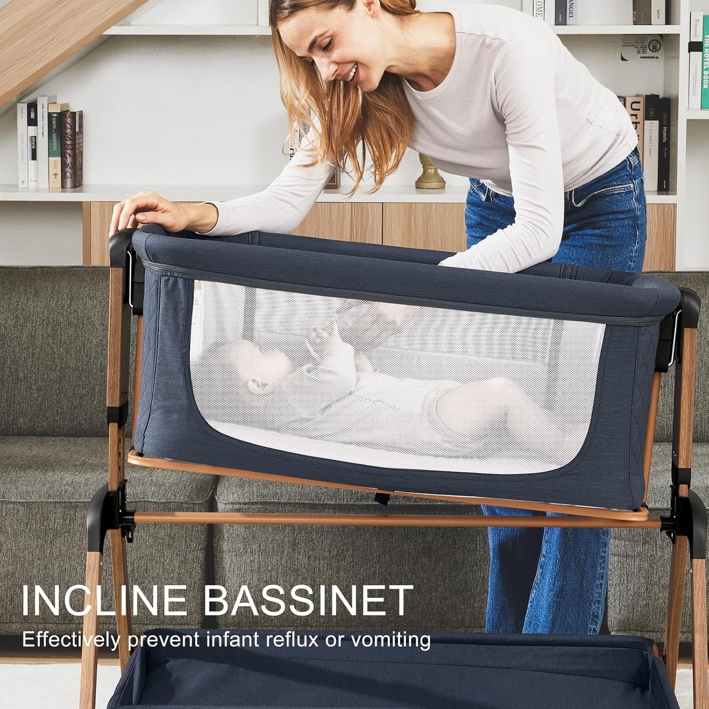3 in 1 Baby Bassinet, Rocking Bassinets with Comfy Mattress and Wheels, Adjustable Height Bassinet Bedside Sleeper, Easy Folding Portable Crib for Newborn (Navy Blue)