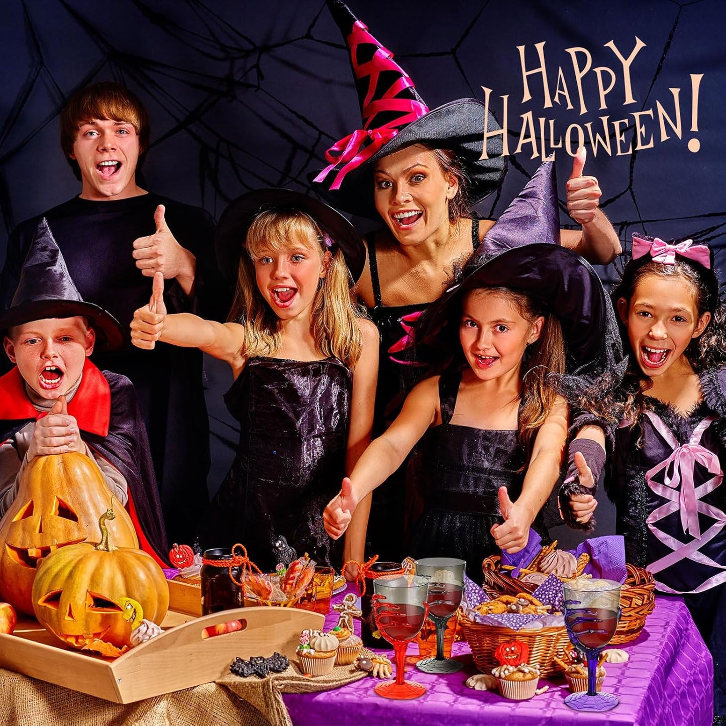 Dandat 24 Pcs Halloween Skeleton Hand Goblets 12oz Clear Plastic Halloween Cups Skull Wine Glass Set for Creepy Spooky Party Decorations(Black, Purple, Orange, Gray)