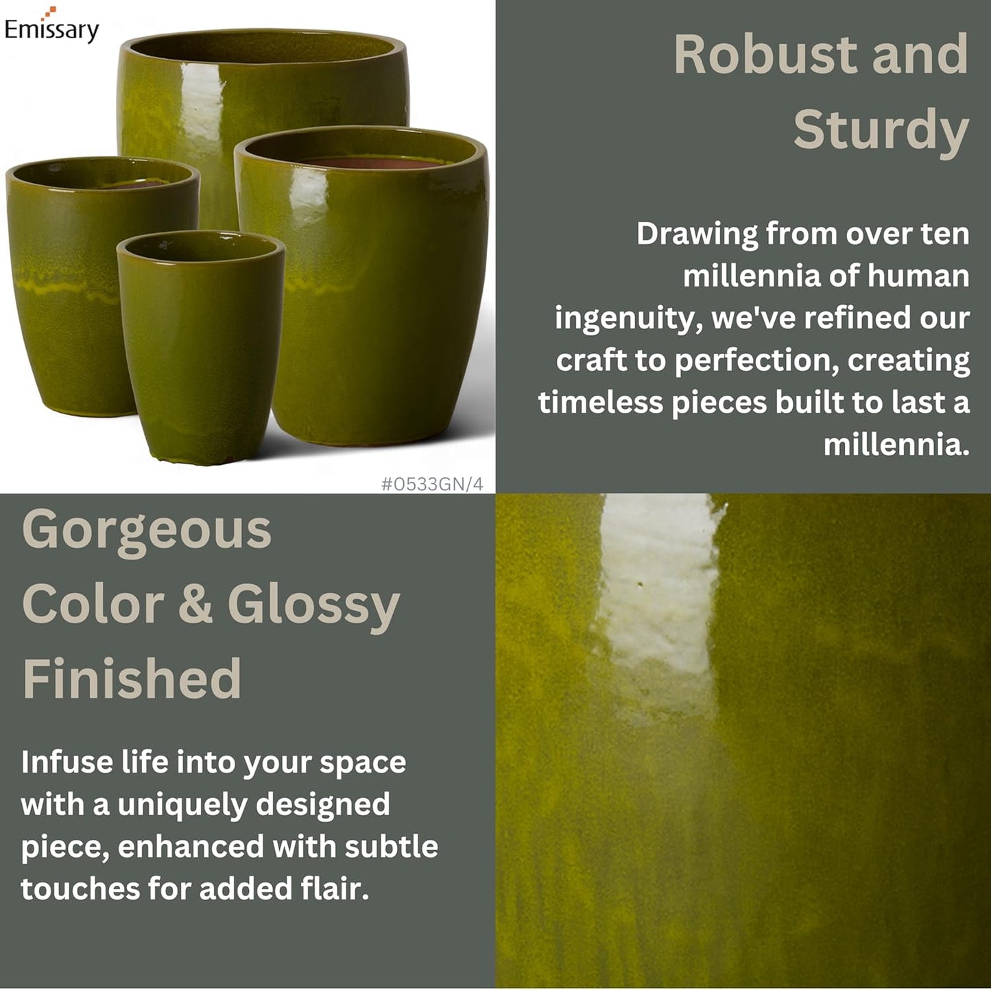 Emissary Home and Garden Bullet 12in., 14in., 15.5in., 21in. H Green Ceramic Round Planters with Drainage Hole (Set of 4)