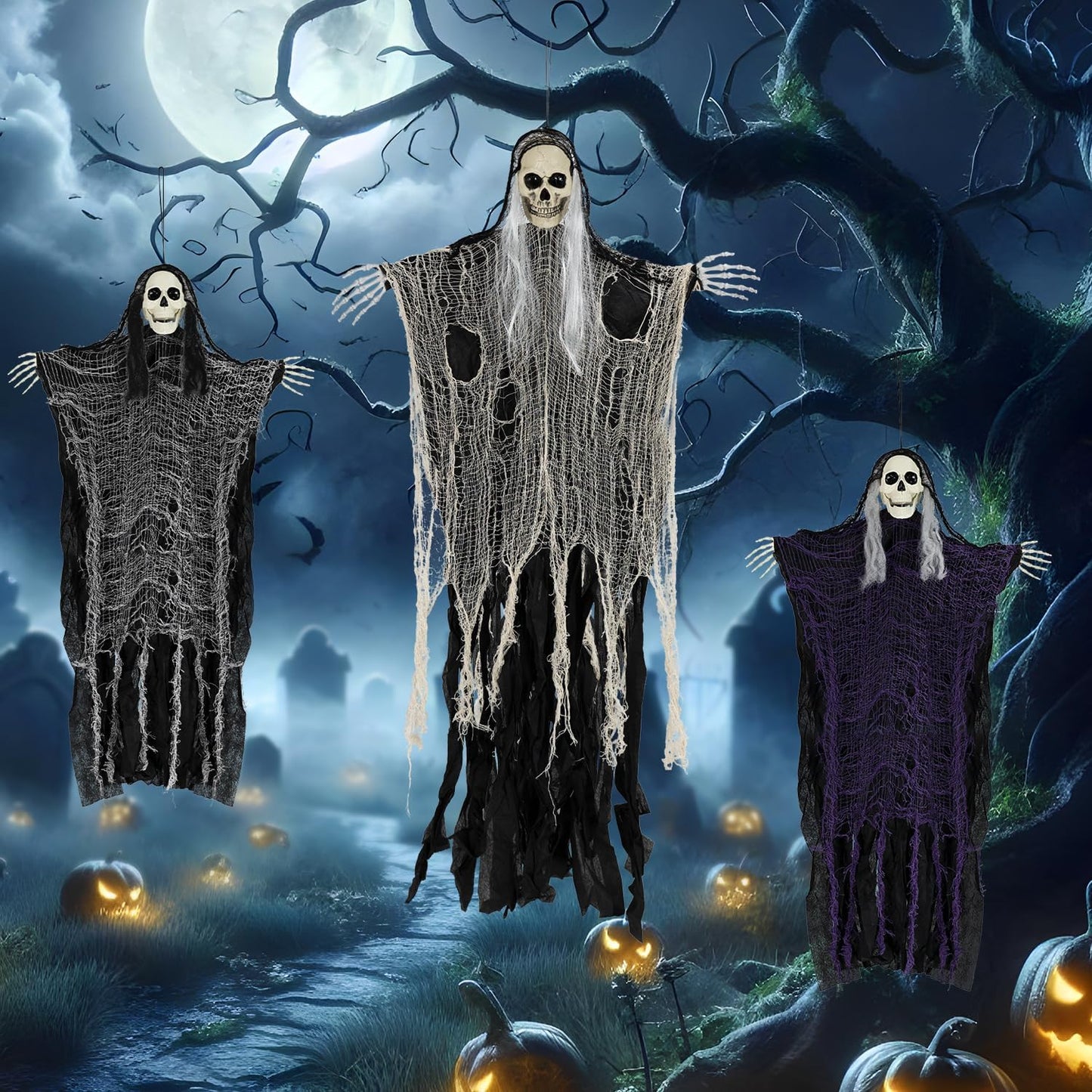 Halloween Decorations Outdoor and Indoor,3PCS Scary Hanging Ghosts,Halloween Grim Reaper Skeleton,Scary Party Decorations for Yard,Haunted House Decor