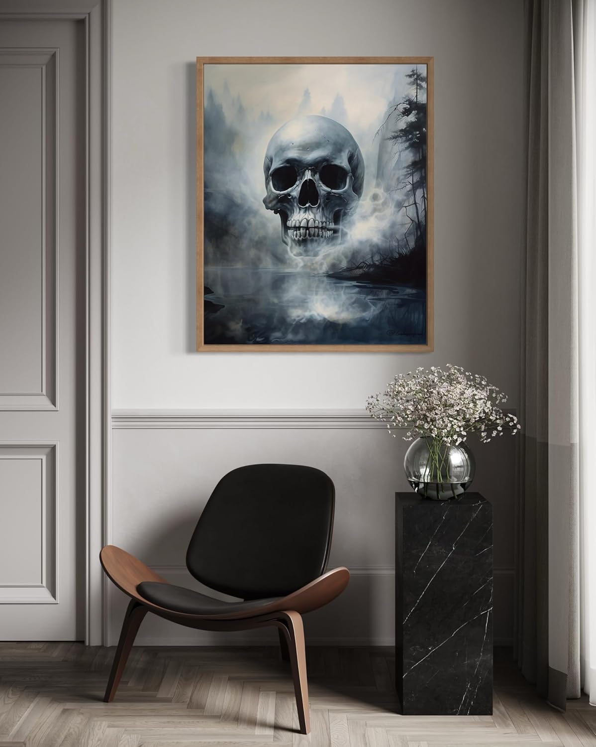 Foggy Skull Poster Art Print, Halloween Scary Vintage Wall Art Academia Spooky Painting Decoration for Horror Prints, Gothic Posters Bedroom Decor 89 (Foggy Skull, 16 x 20 inches, Wood Frame)