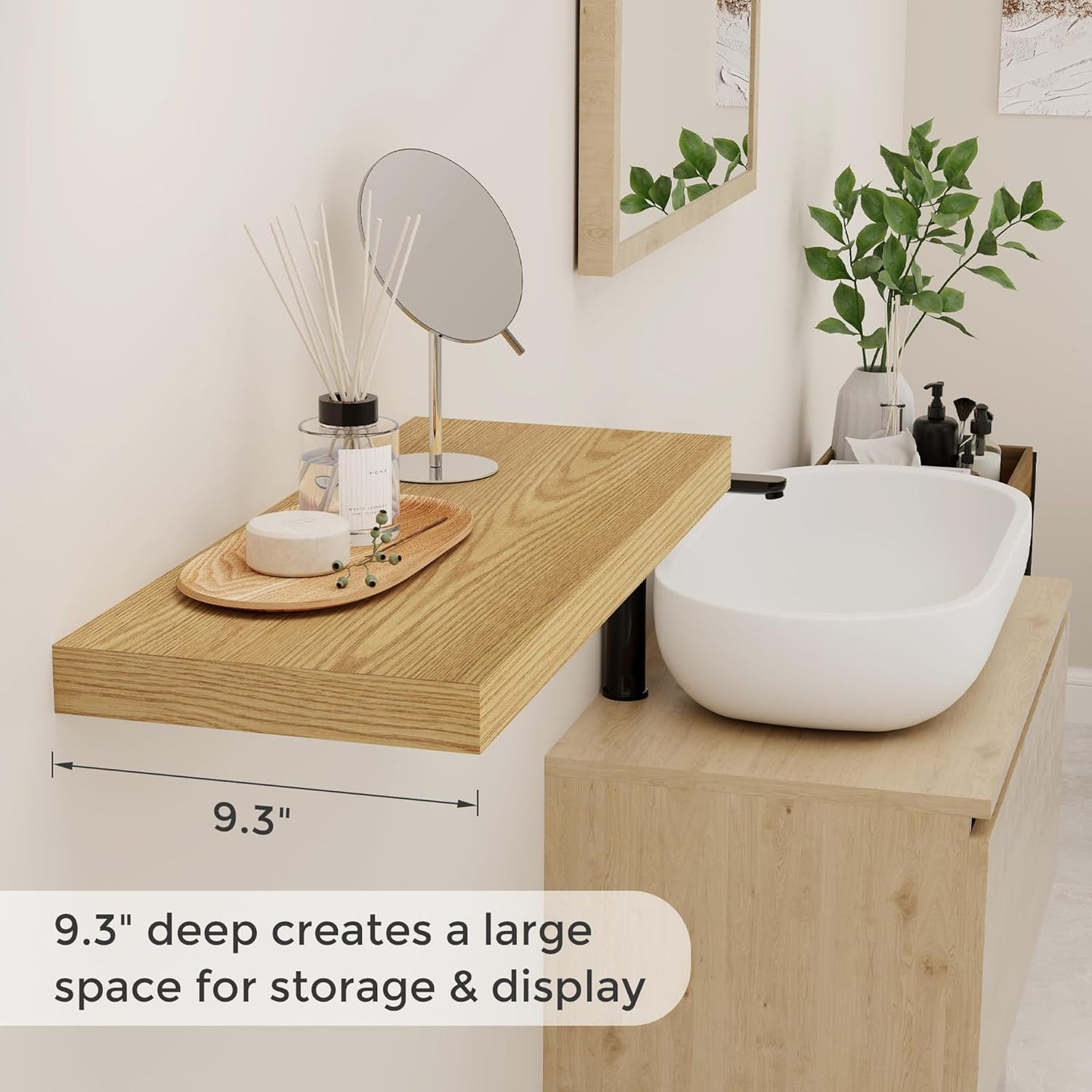 24 x 9 Floating Shelves, 9 Inch Deep Floating Shelf Wall Mounted, 24 Inch Bathroom Shelves Set of 2, Rustic Wood Wall Shelf for Bedroom, Living Room, Oak Color