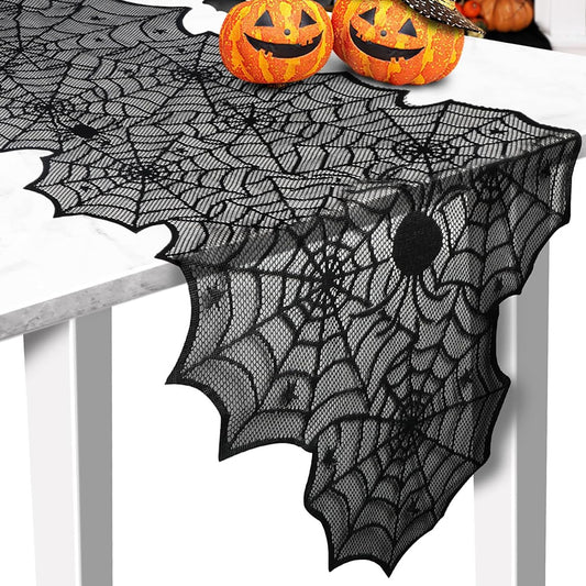 1-Pack Halloween Table Runner, Black Spider Stars Lace Table Runner, Gothic Kitchen Decor, Fall-Themed Party Decorations, Spider Web Reusable Home Accent, 18 x 72 Inches