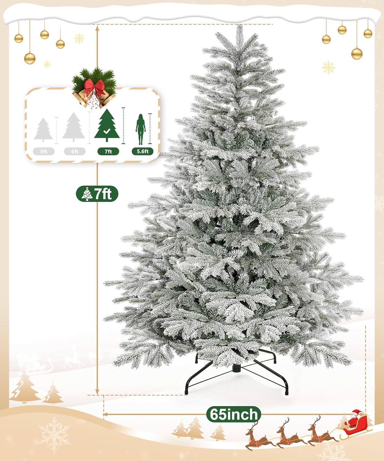 Decoway 7ft Artificial Christmas Tree, Unlit Snow Flocked Xmas Tree with 2364 Branch Tips and Sturdy Metal Stand for Indoor Outdoor Home Decoration