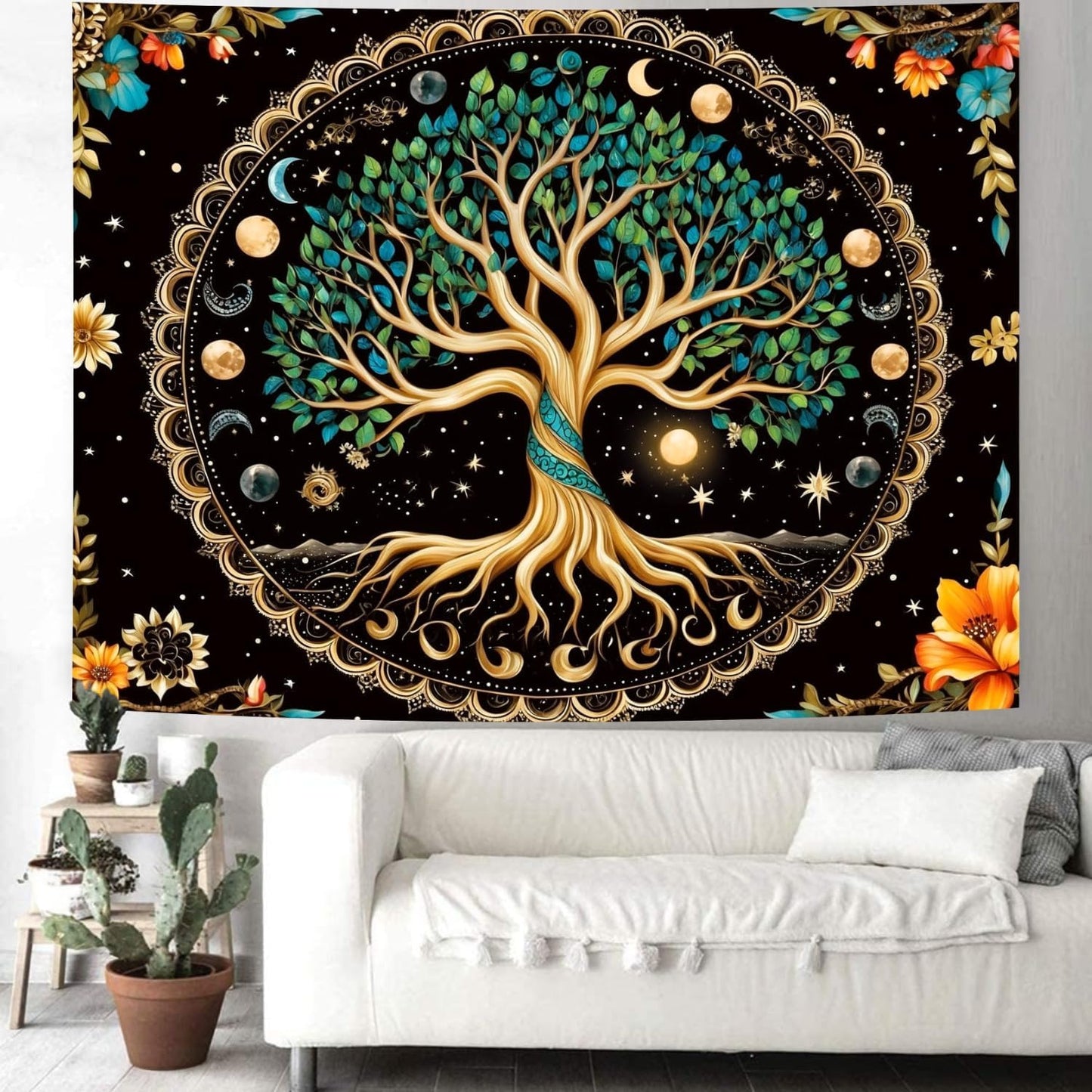Delur Tree of Life Tapestry Moon Phase Nature Flower Plant Tapestry Wall Hanging Boho Mandala Spiritual Sun Aesthetic Psychedelic Headboard for Bedroom Living Room Home Decor (59.1" x 78.7")