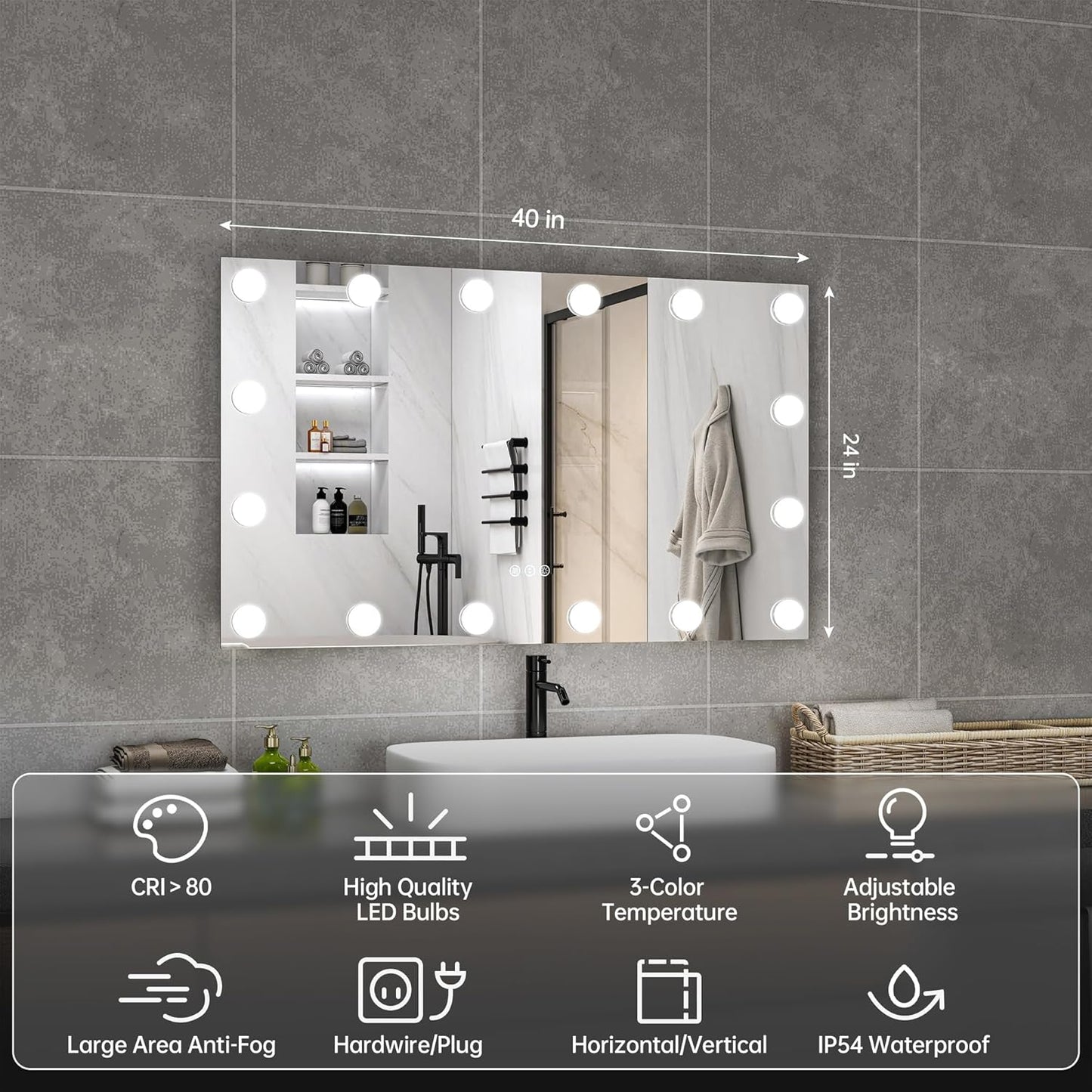 Hasipu LED Bathroom Mirror with Lights, 40" x 24" Hollywood Wall-Mounted Bathroom Mirror with 16 Dimmable Bulbs, 3 Colors Modes, Touch Control, Anti-Fog, Memory Function, Shatter-Proof, ETL Listed
