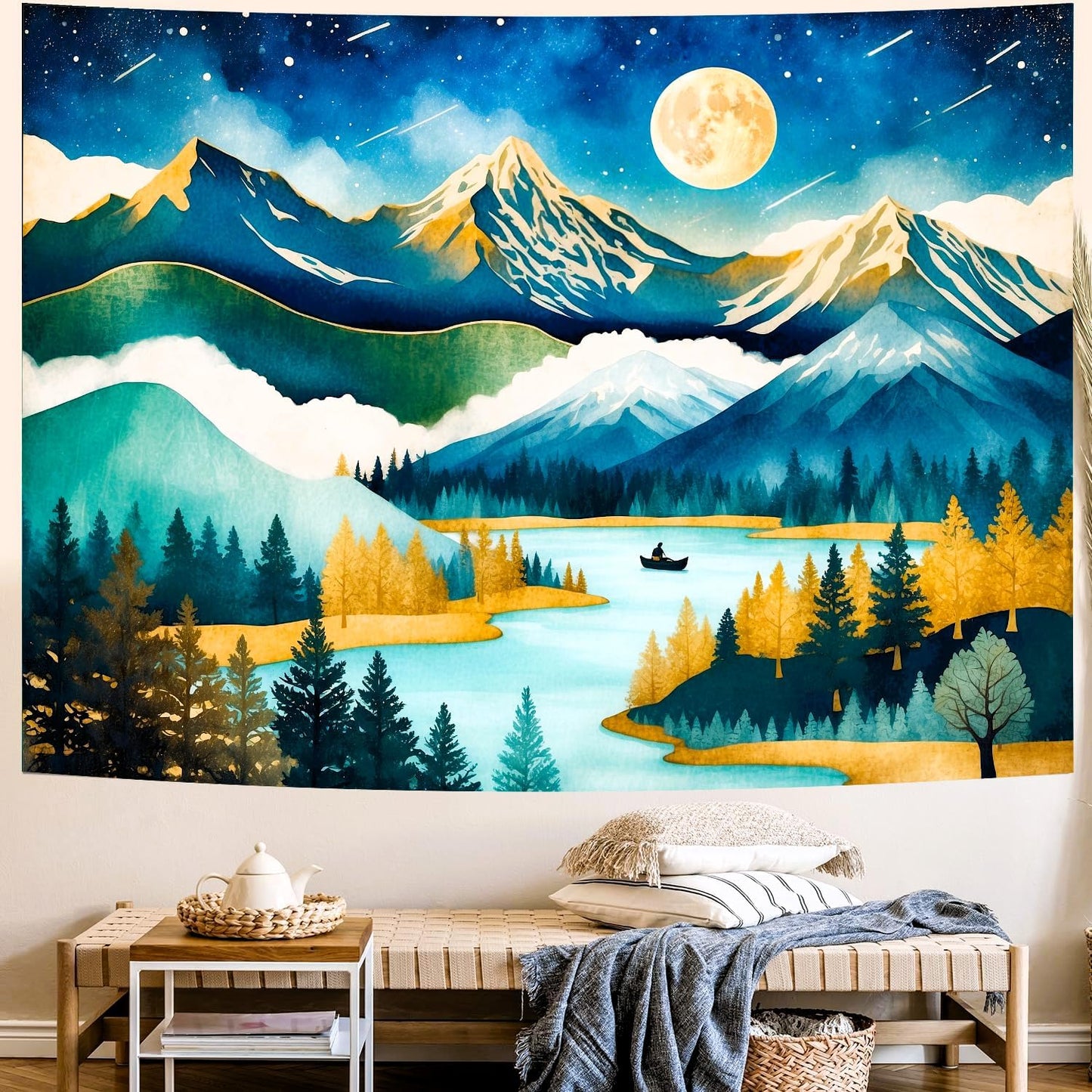 Delur Mountain Tapestry Boho Moon Stars Starry Night Tapestry Wall Hanging Forest Tree Nature Landscape Psychedelic Headboard for Bedroom Living Room Home Decor (59.1" x 78.7")