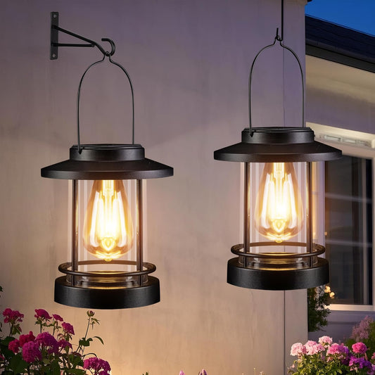 Hanging Solar Lanterns Outdoor Waterproof – 2 Pack Decorative Solar Lights for Outside, Patio, Porch, Yard, Balcony, Table – Hanging Outdoor Lantern Garden Gifts for Women,Mom