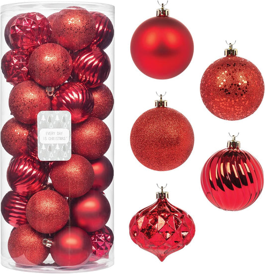 Every Day is Christmas Ornaments, Shatterproof Christmas Tree Ornament Set, Christmas Balls Decoration 35 Count (2.75"/70mm, New Red)