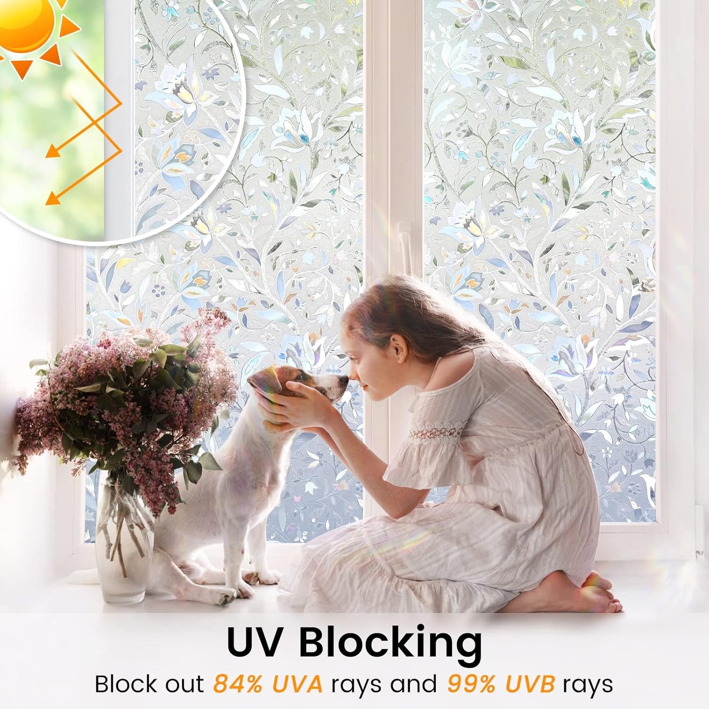 DOWELL Window Privacy Film, 3D Stained Glass Rainbow Films, Decorative Window Vinyl Sun Blocker Door Covering, Static Cling Non-Adhesive Glass Sticker for Home, Blooming Flowers, 23.6"x118.1"