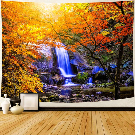 Delur Waterfall Tapestry Forest Nature Scenic Tree Mountain Sunset Tapestry Wall Hanging Natural Landscape Sunrise Headboard for Bedroom Living Room Home Decor (51.2" x 59.1")