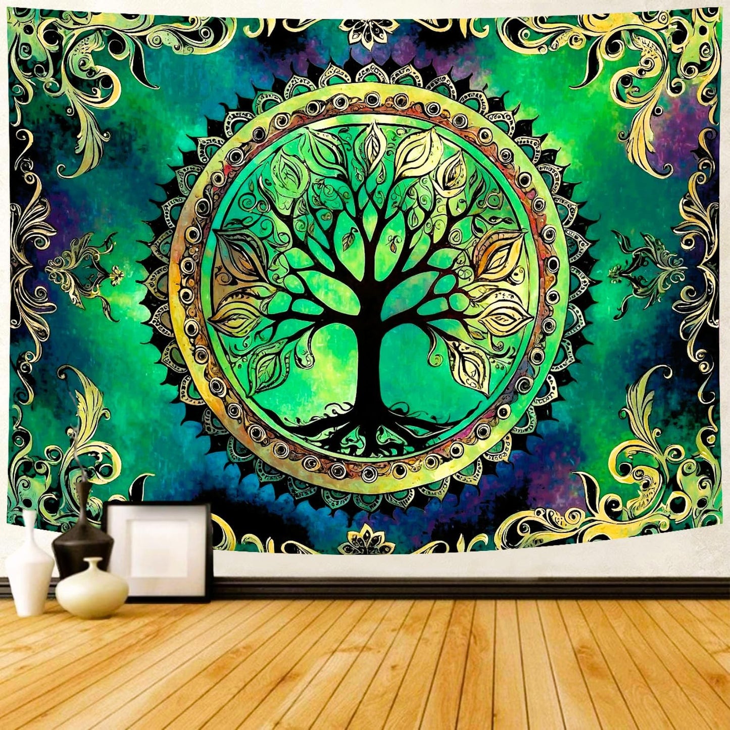 Delur Tree of Life Tapestry Green Nature Bohemian Mandala Spiritual Tapestry Wall Hanging Mystical Landscape Hippie Psychedelic Headboard for Bedroom Living Room Home Decor (70.8" x 92.5")