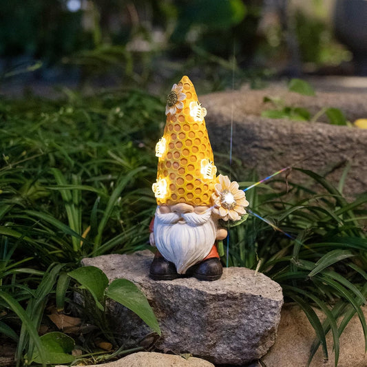 Garden Gnome Statue Solar Powered with Glowing Bees Sunflower Outdoor Funny Resin Figurine Decorations for Patio Yard Lawn Porch Housewarming Ornament Gift