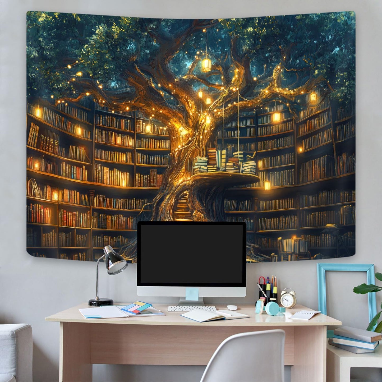 GOAOK Fantasy Library Tapestry For Classroom, Mysterious Tree Magic Bookshelf Aesthetic Tapestries, Witchy Fairytale Tree Vintage Bookshelf Book Art Tapestry Wall Hanging College 40"X30"
