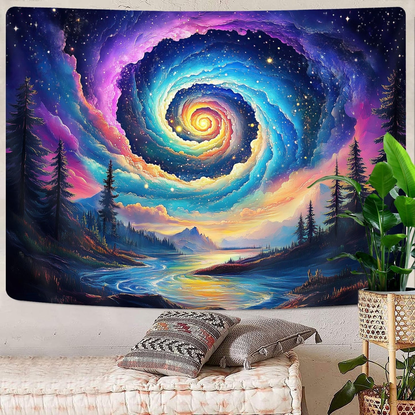 Galaxy Space Tapestry, Cool Colorful Trippy Forest Mountain River Aesthetic Tapestries, Psychedelic Starry Sky Swirls Misty Fantasy Landscape Tapestry Wall Hanging College Bedroom for Guys Men 80X60