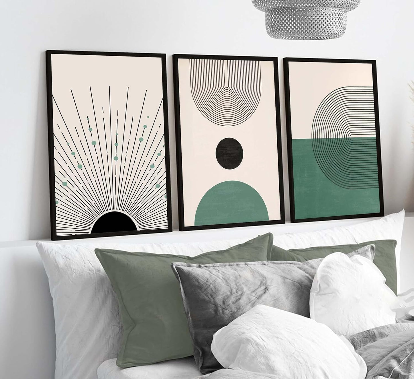 3 Pcs Sage Green Boho Canvas Wall Art Modern Abstract Minimalist Neutral Bohemian Sun Geometric Line Painting Picture Wall Decor Poster Print Artwork for Living Room Bedroom Home Decoration Unframed