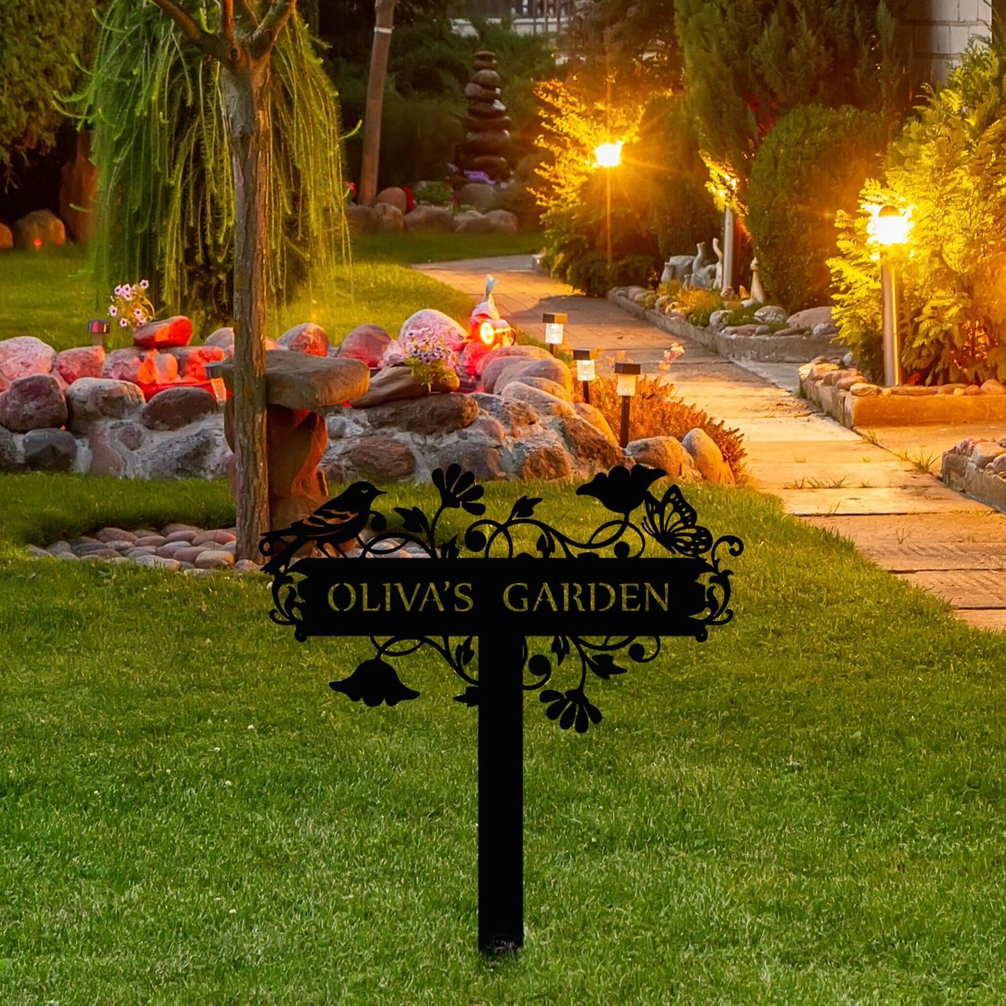 Customized Metal Birds and Flowers, Personalized Garden Sign with Stake, Gardening Decor for Outdoor, Patio and Farmhouse Decorations
